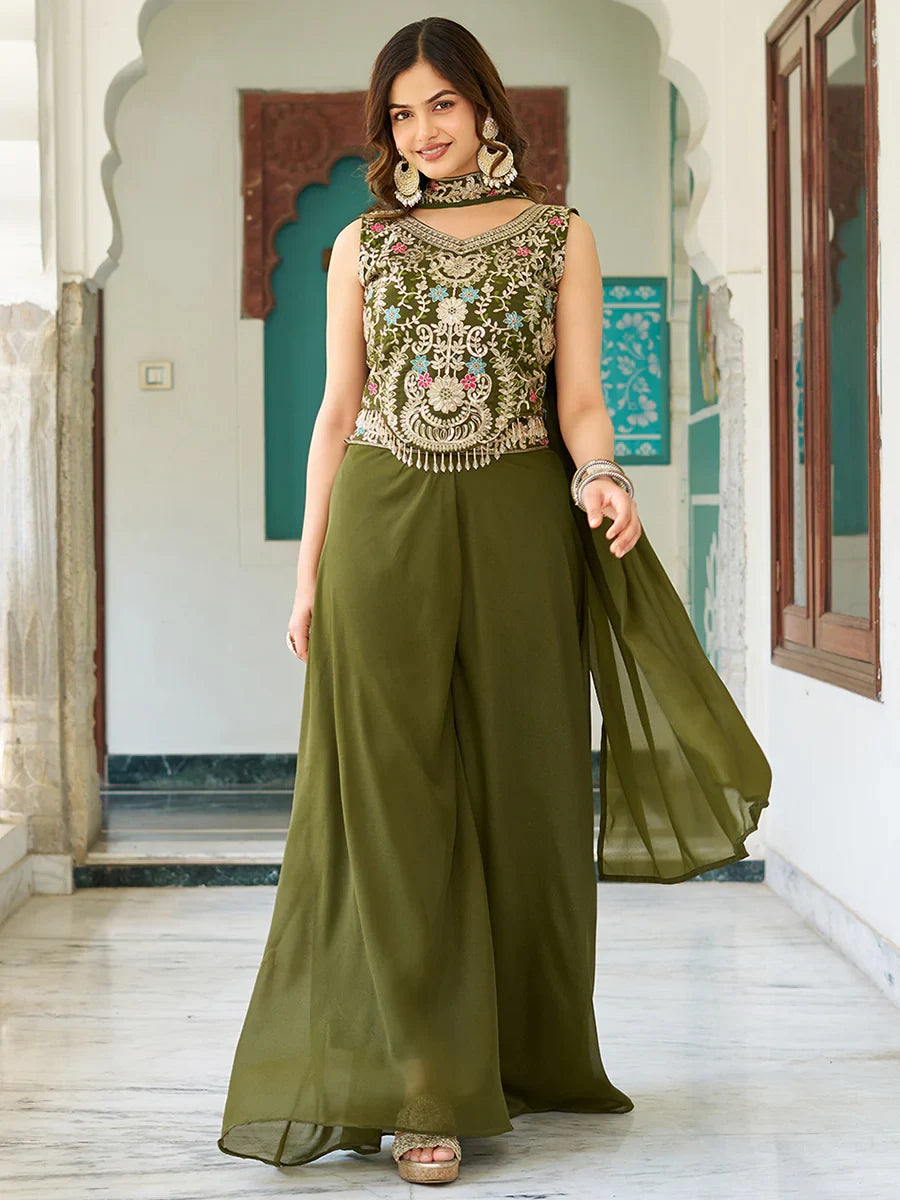 Green Stunning Thread Embroidered Mehendi Wear Palazzo Suit for Women