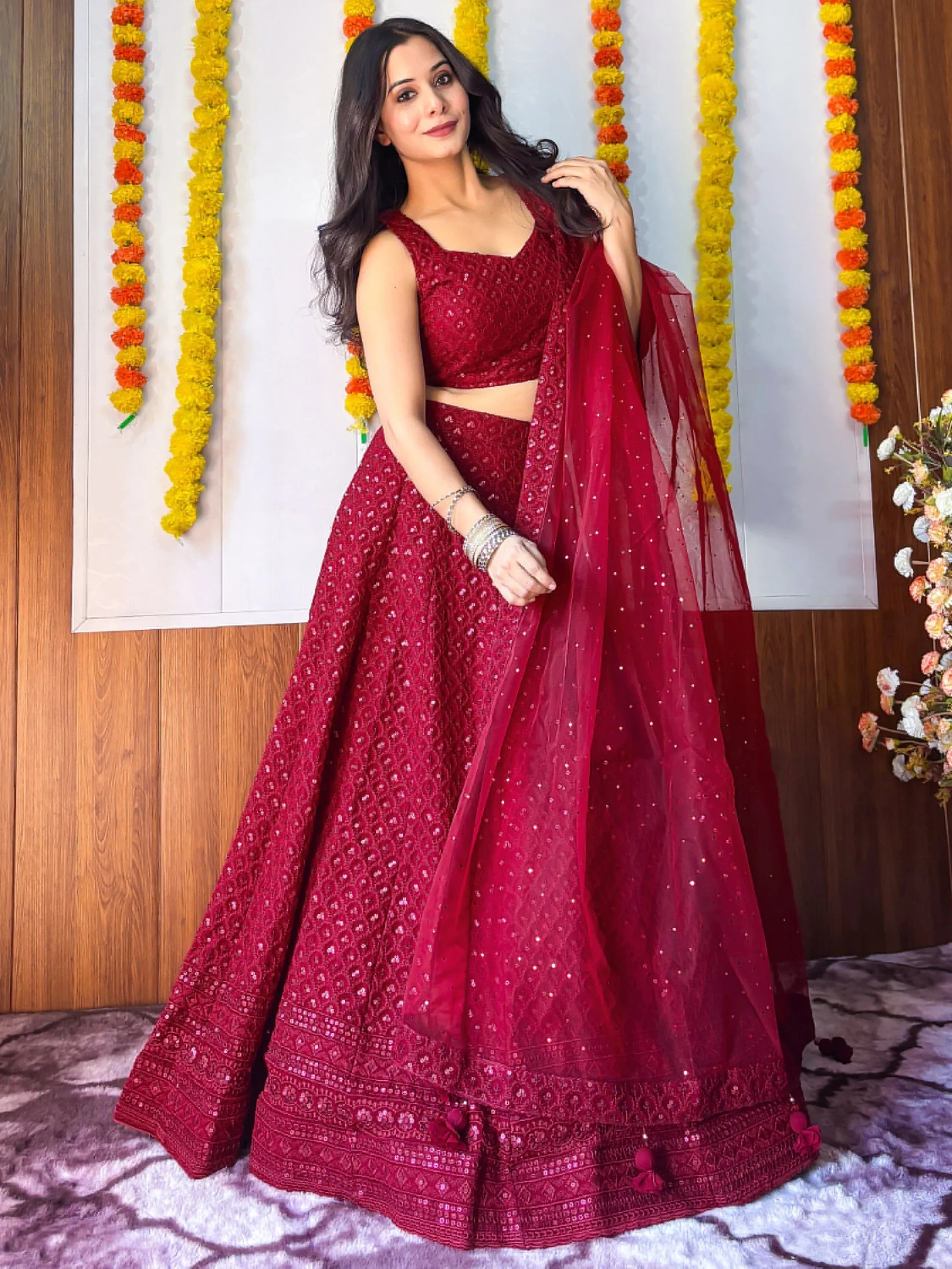 Sequins georgette lehenga choli with thread embroidery for wedding and sangeet occasions