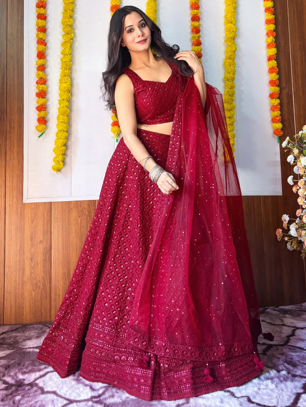 Sequins georgette lehenga choli with thread embroidery for wedding and sangeet occasions