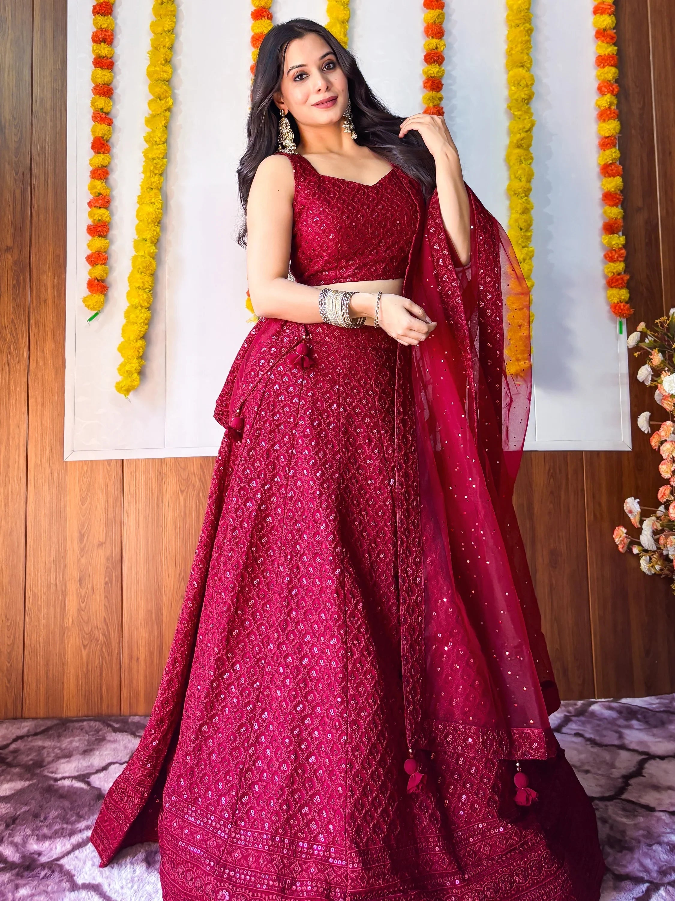 Sequins georgette lehenga choli with thread embroidery for wedding and sangeet occasions