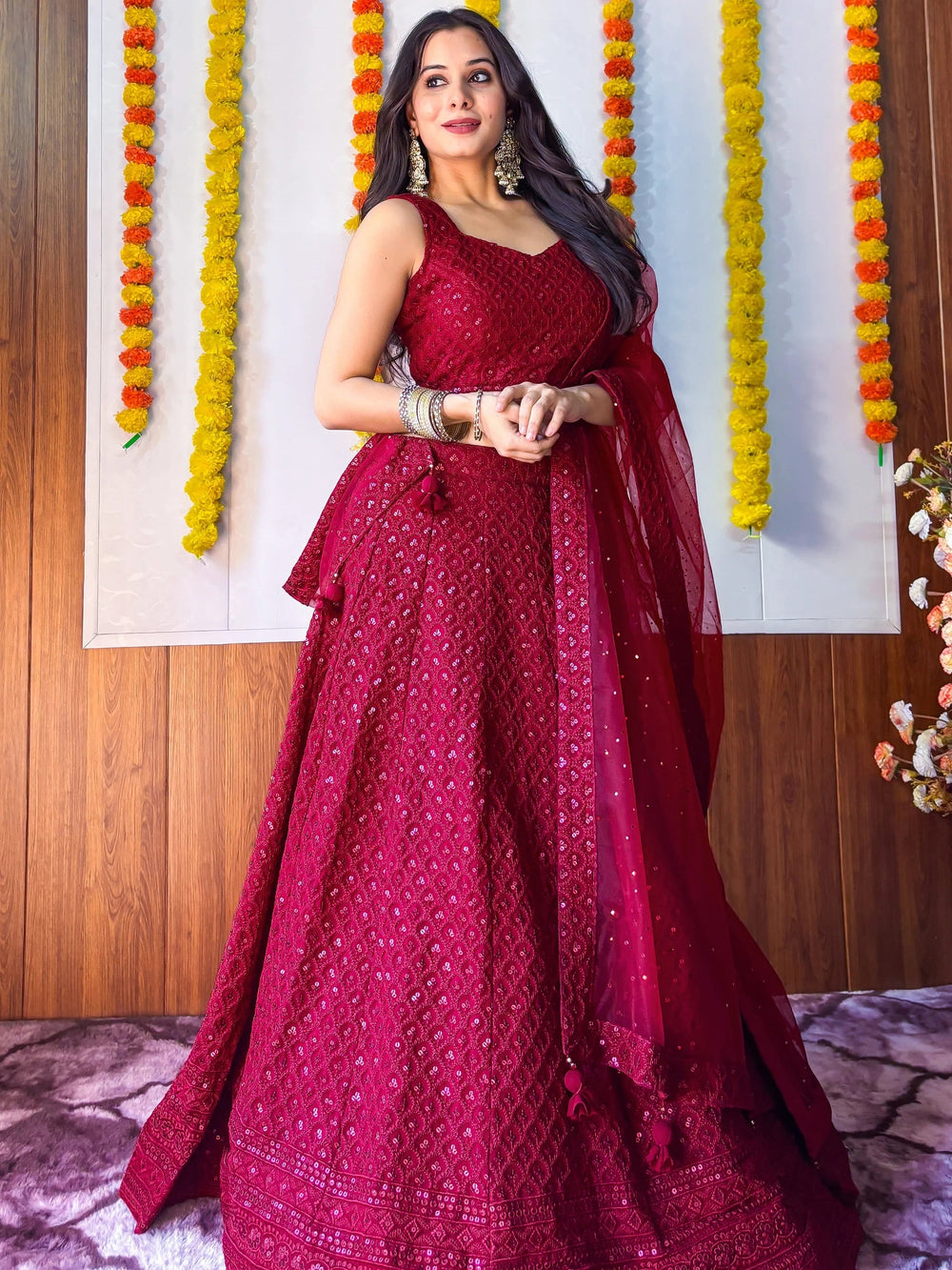 Sequins georgette lehenga choli with thread embroidery for wedding and sangeet occasions