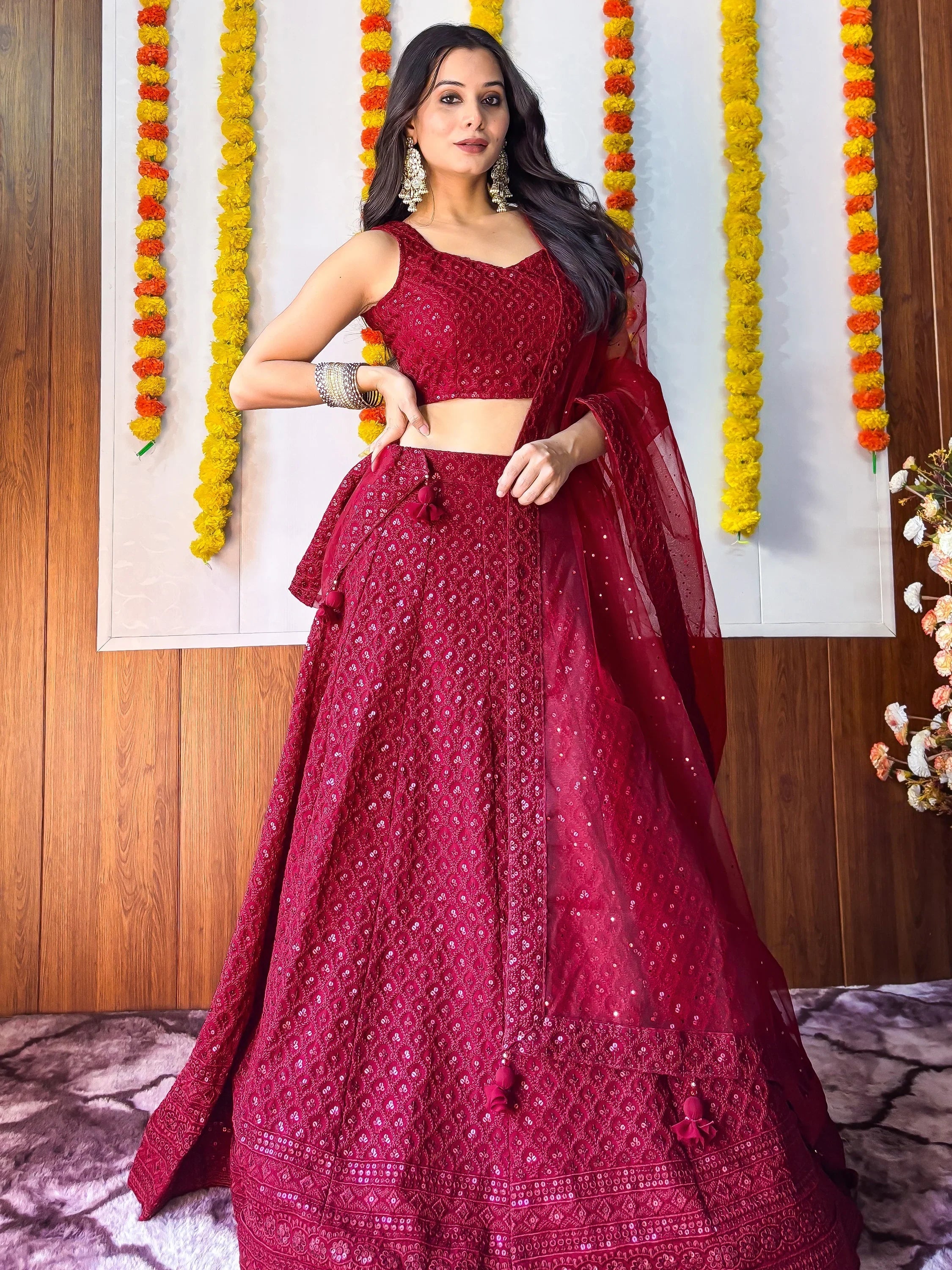 Sequins georgette lehenga choli with thread embroidery for wedding and sangeet occasions