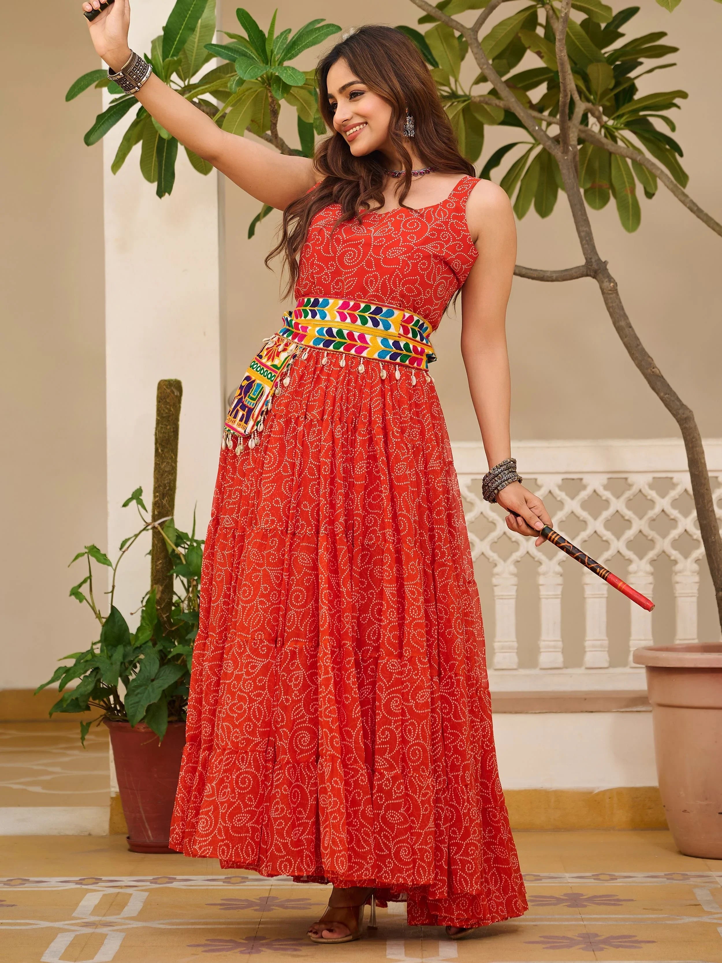 Red Bandhani Print Georgette Navratri Wear Gown for Women