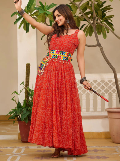 Red Bandhani Print Georgette Navratri Wear Gown for Women