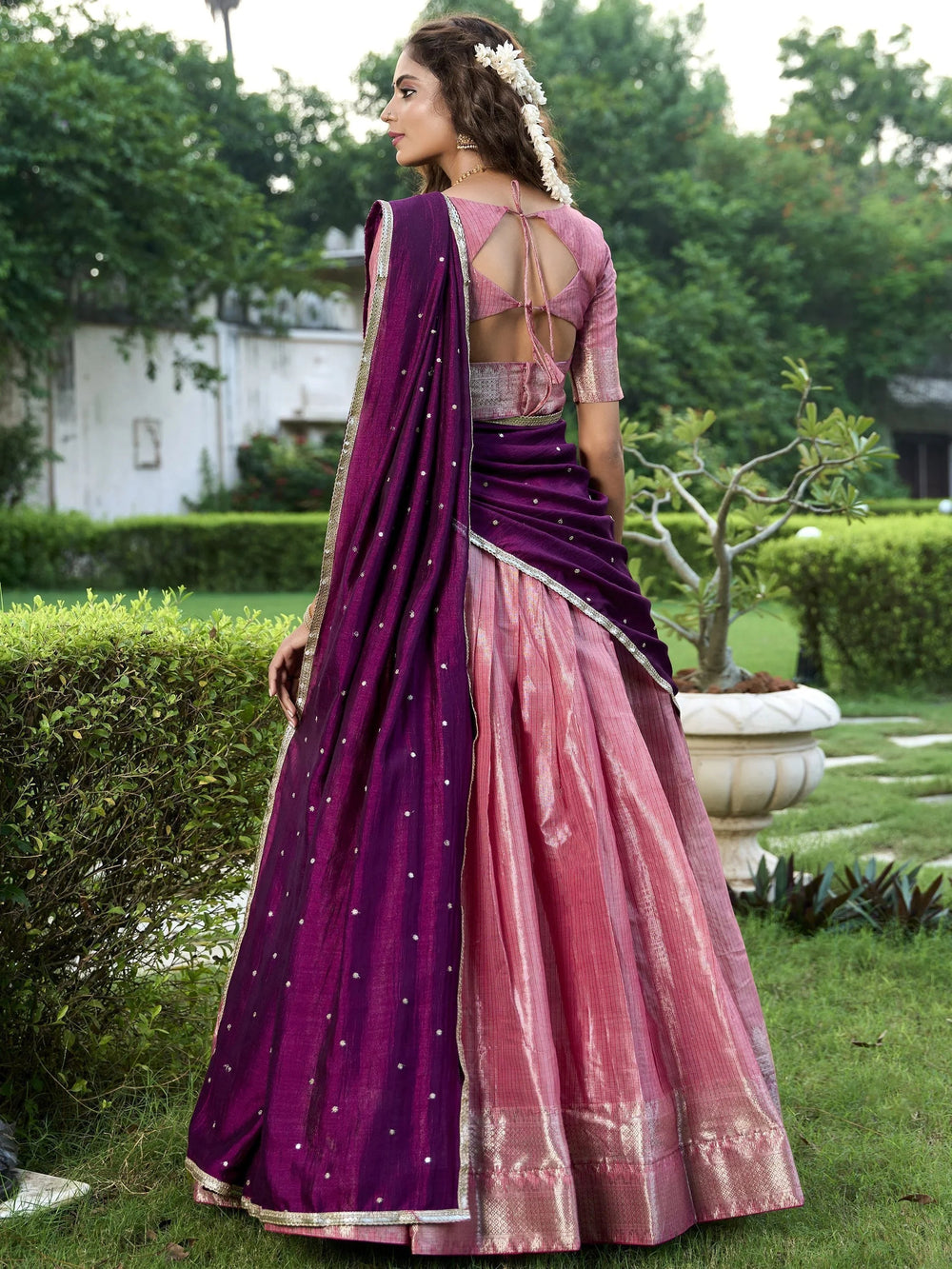 Pink Silk Zari Weaving Wedding Lehenga Choli With Dupatta