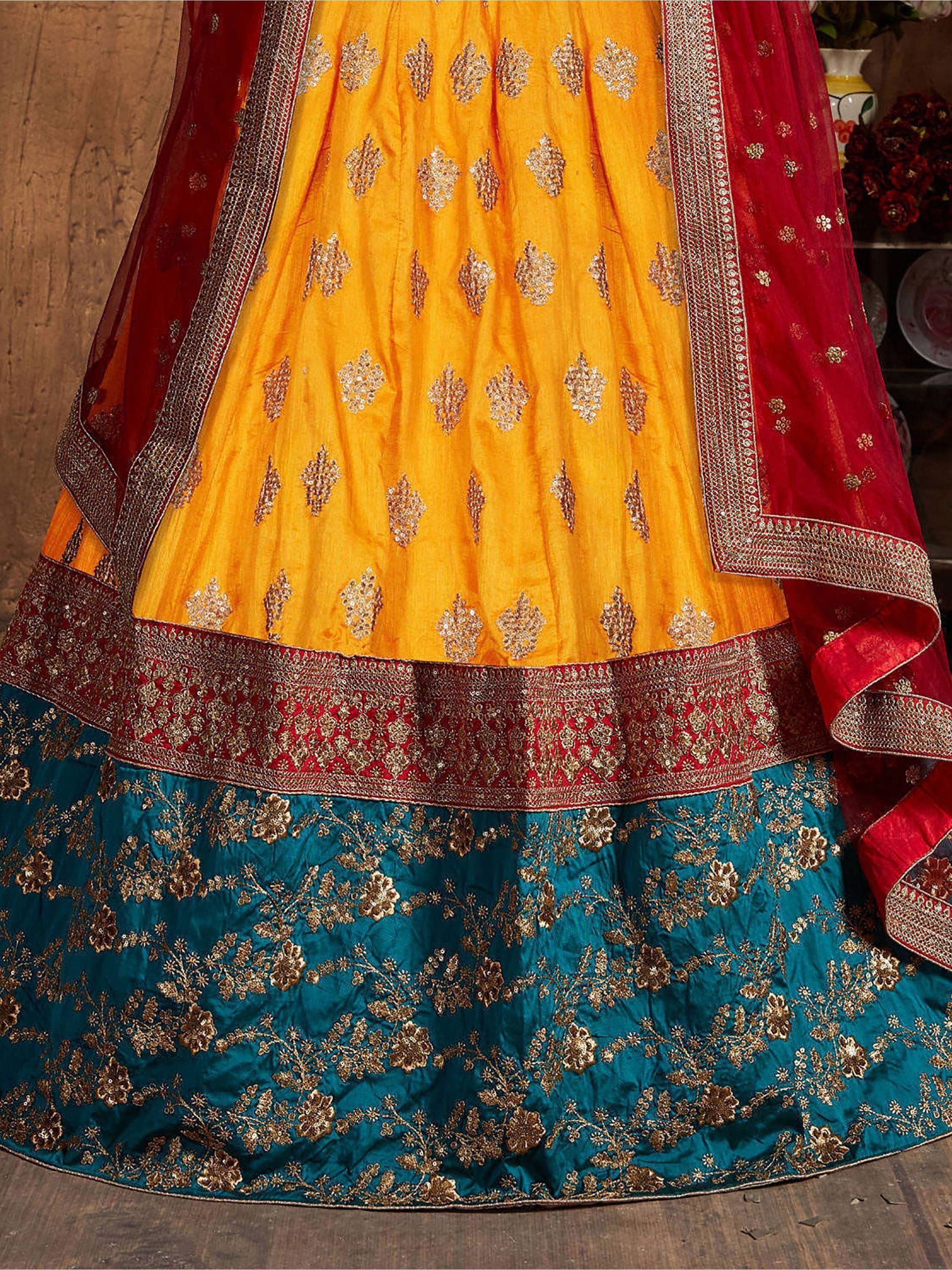 Teal Green -Yellow Embroidered Banarasi Silk Bridal Lehenga Choli with Maroon Dupatta