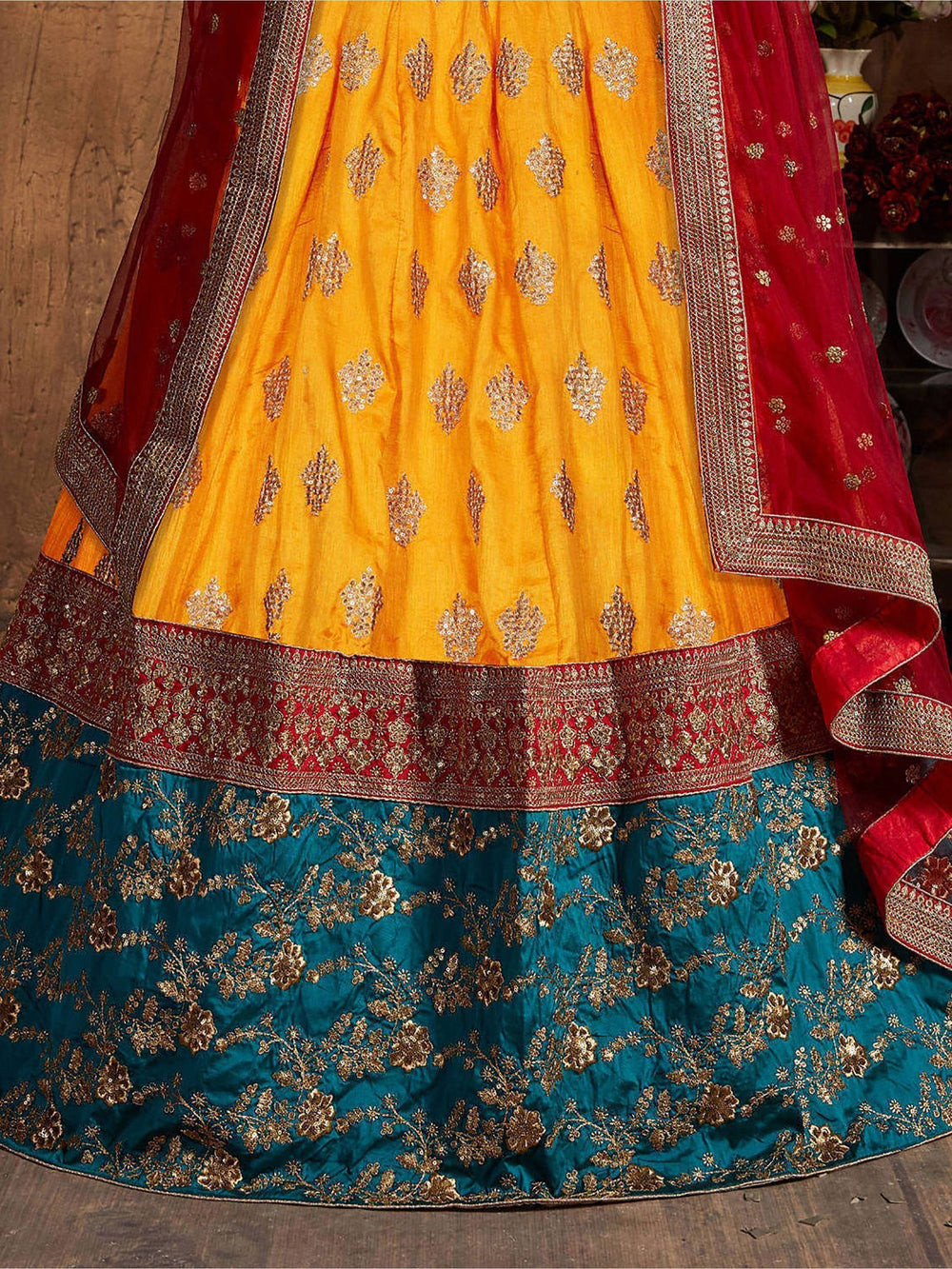 Teal Green -Yellow Embroidered Banarasi Silk Bridal Lehenga Choli with Maroon Dupatta