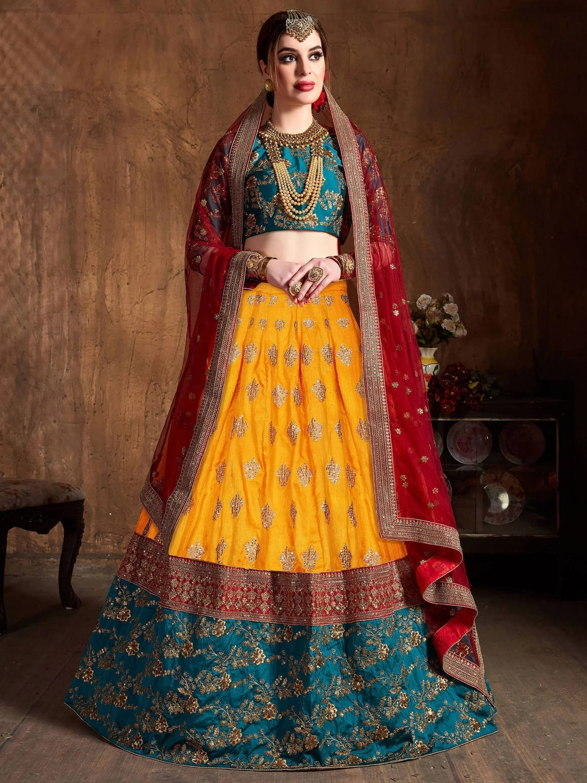 Teal Green -Yellow Embroidered Banarasi Silk Bridal Lehenga Choli with Maroon Dupatta