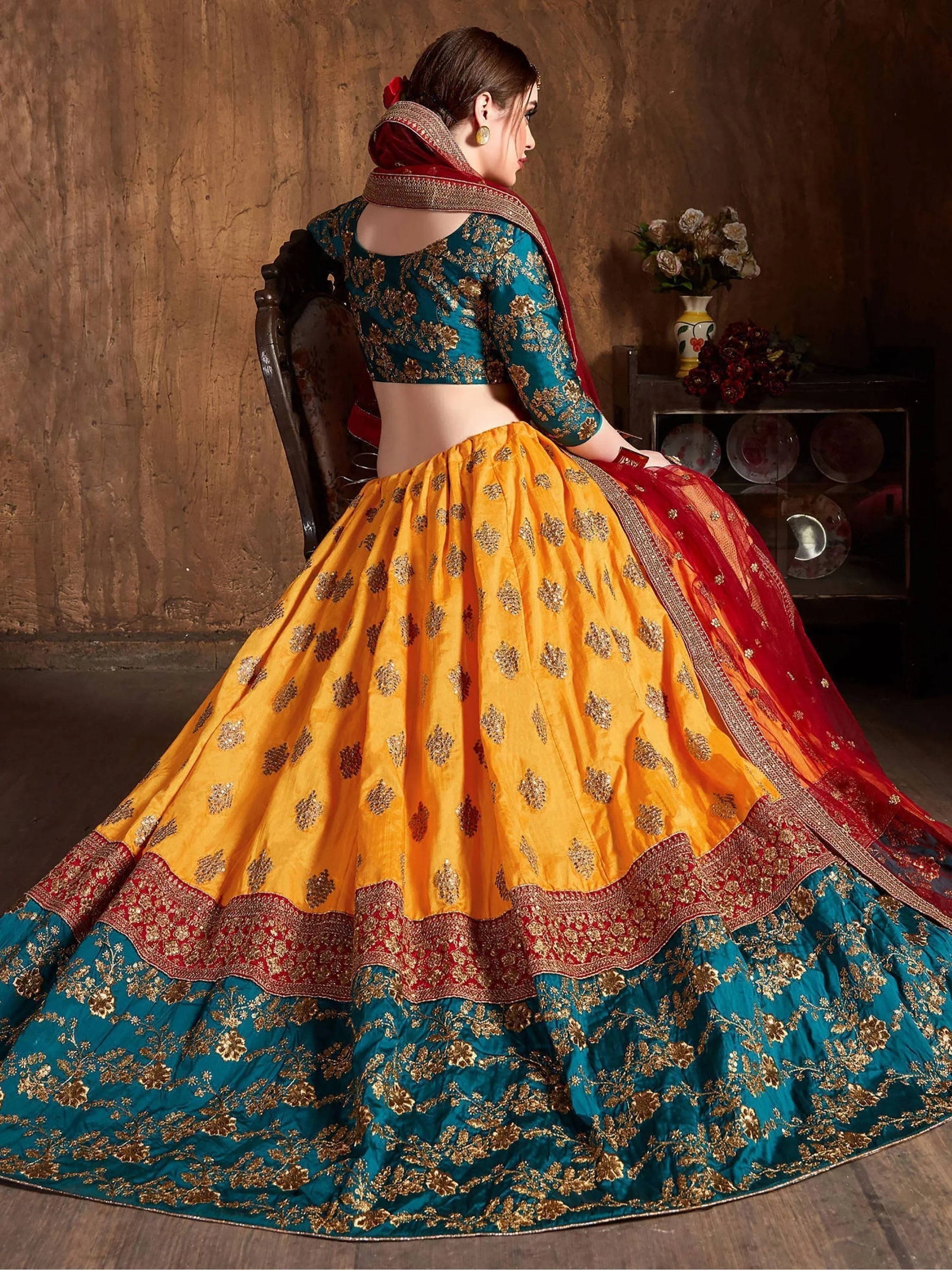 Teal Green -Yellow Embroidered Banarasi Silk Bridal Lehenga Choli with Maroon Dupatta
