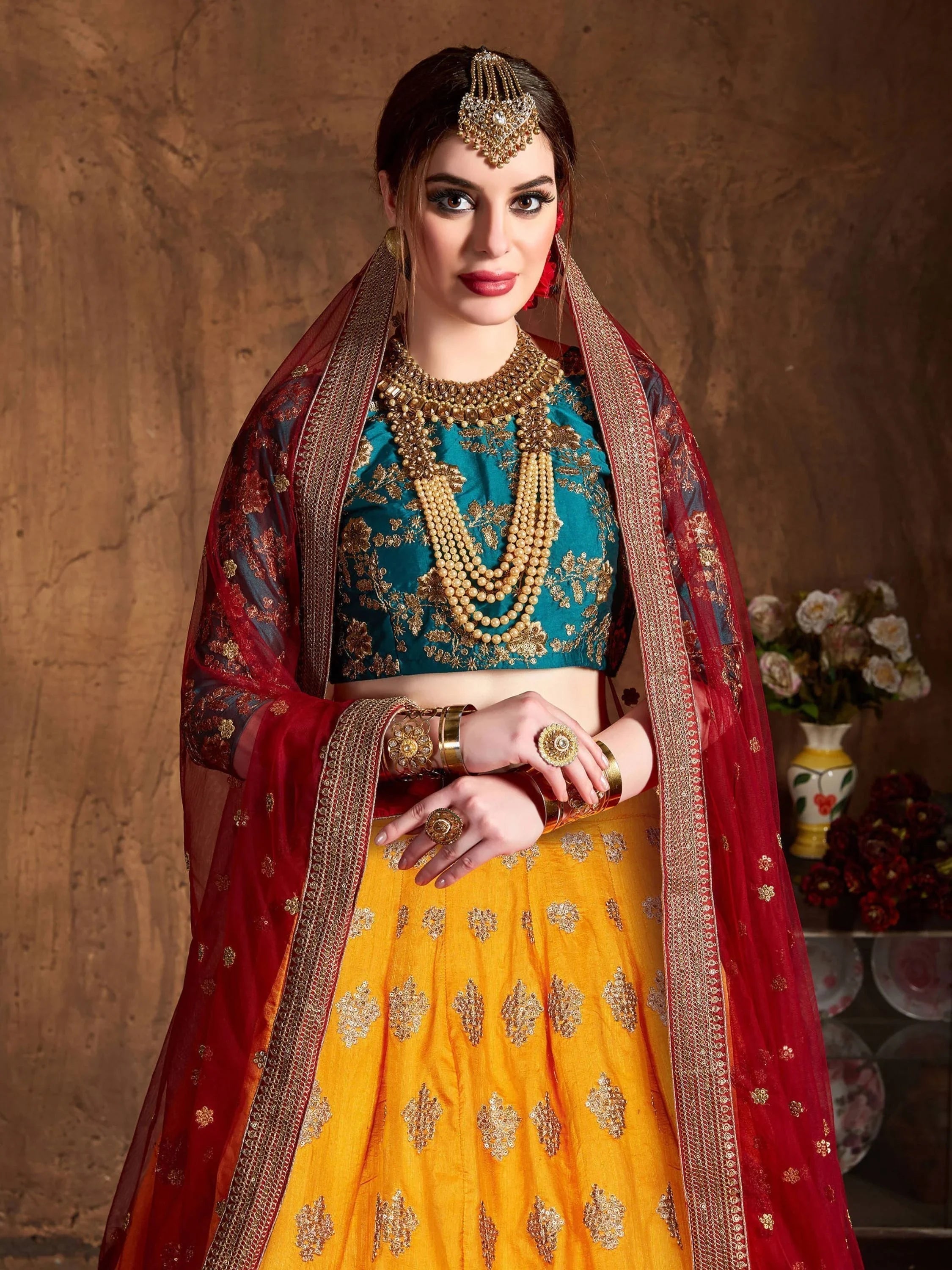 Teal Green -Yellow Embroidered Banarasi Silk Bridal Lehenga Choli with Maroon Dupatta