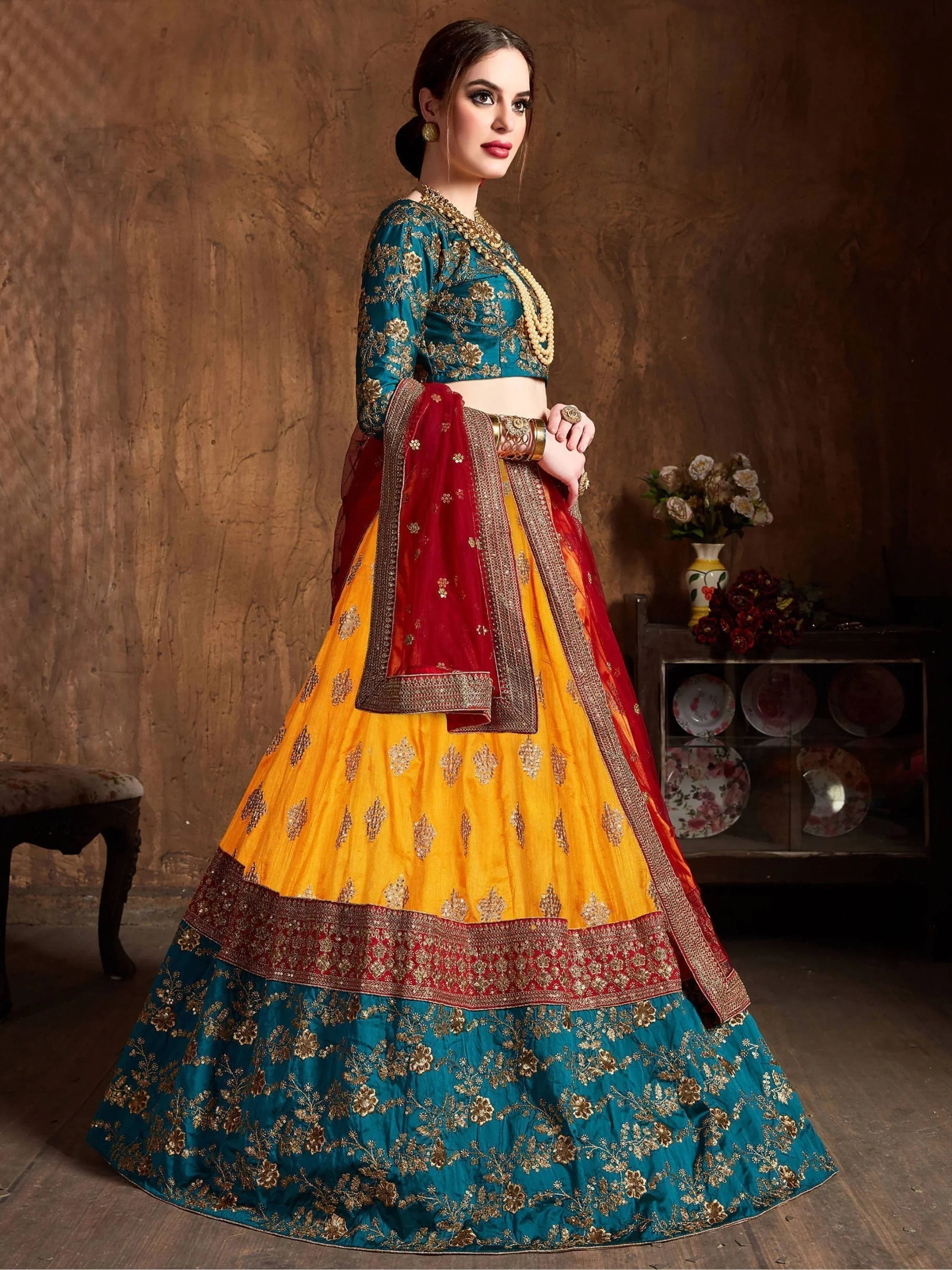Teal Green -Yellow Embroidered Banarasi Silk Bridal Lehenga Choli with Maroon Dupatta