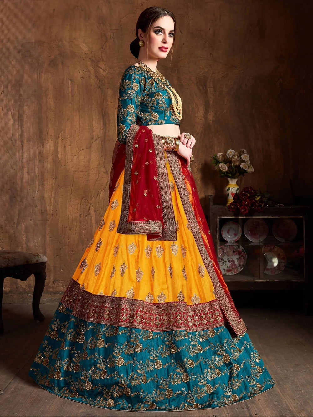 Teal Green -Yellow Embroidered Banarasi Silk Bridal Lehenga Choli with Maroon Dupatta