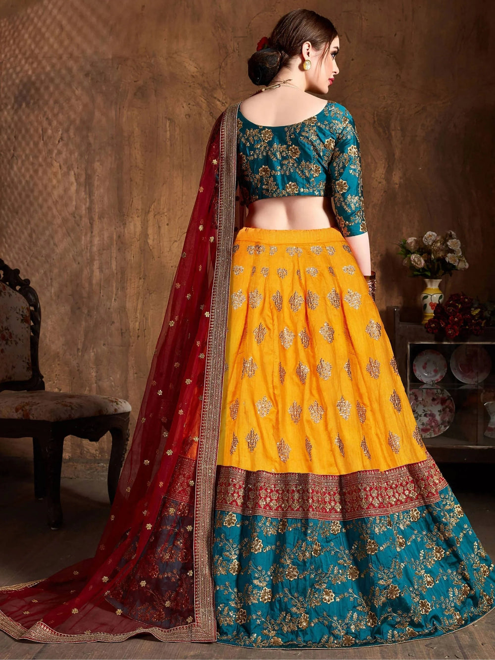 Teal Green -Yellow Embroidered Banarasi Silk Bridal Lehenga Choli with Maroon Dupatta