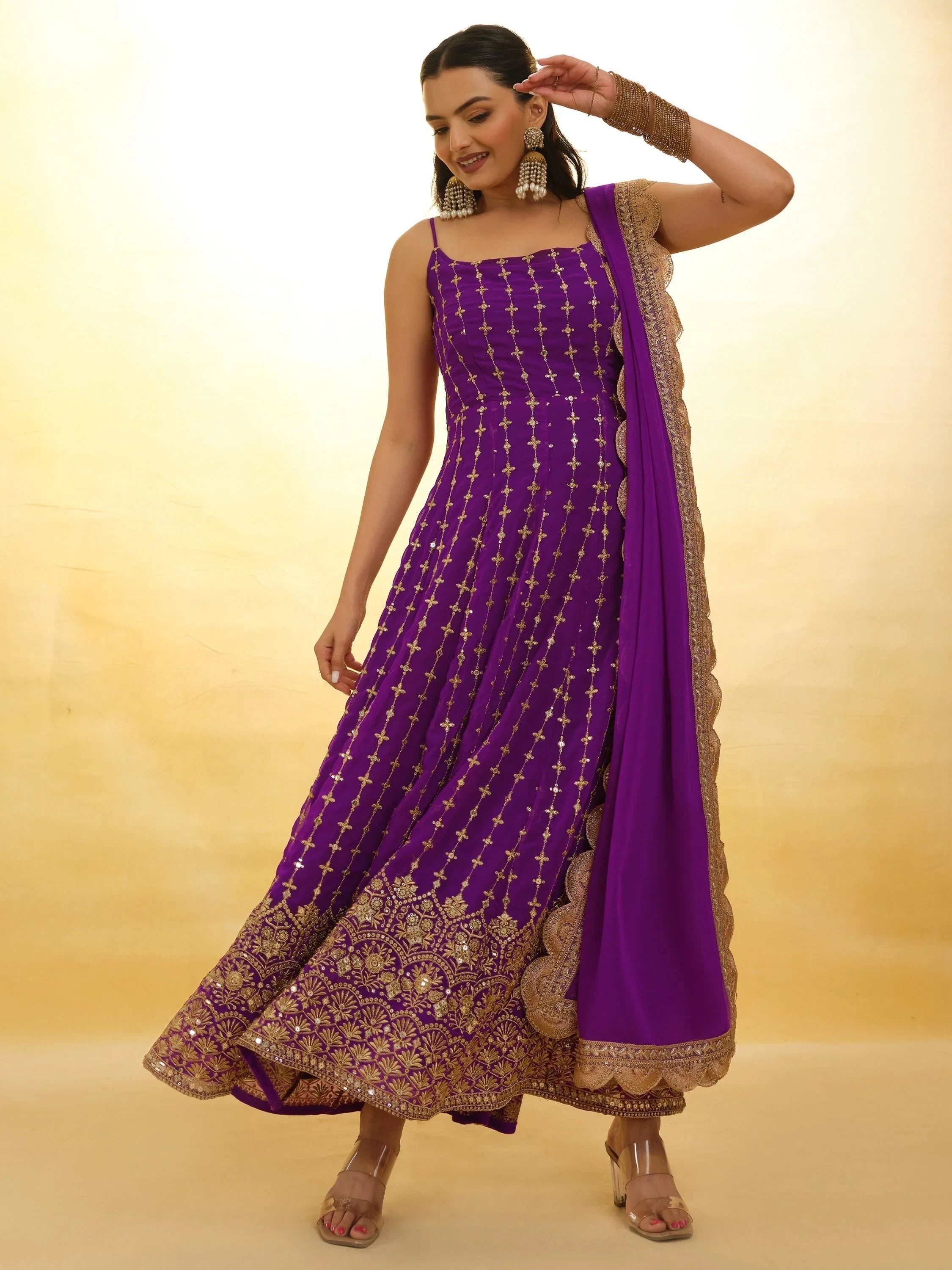Purple Glamorous Embroidered Georgette Mehendi Wear Sharara Suit for Women