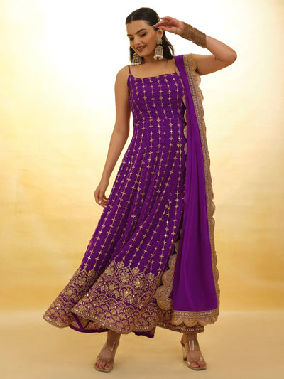 Purple Glamorous Embroidered Georgette Mehendi Wear Sharara Suit for Women
