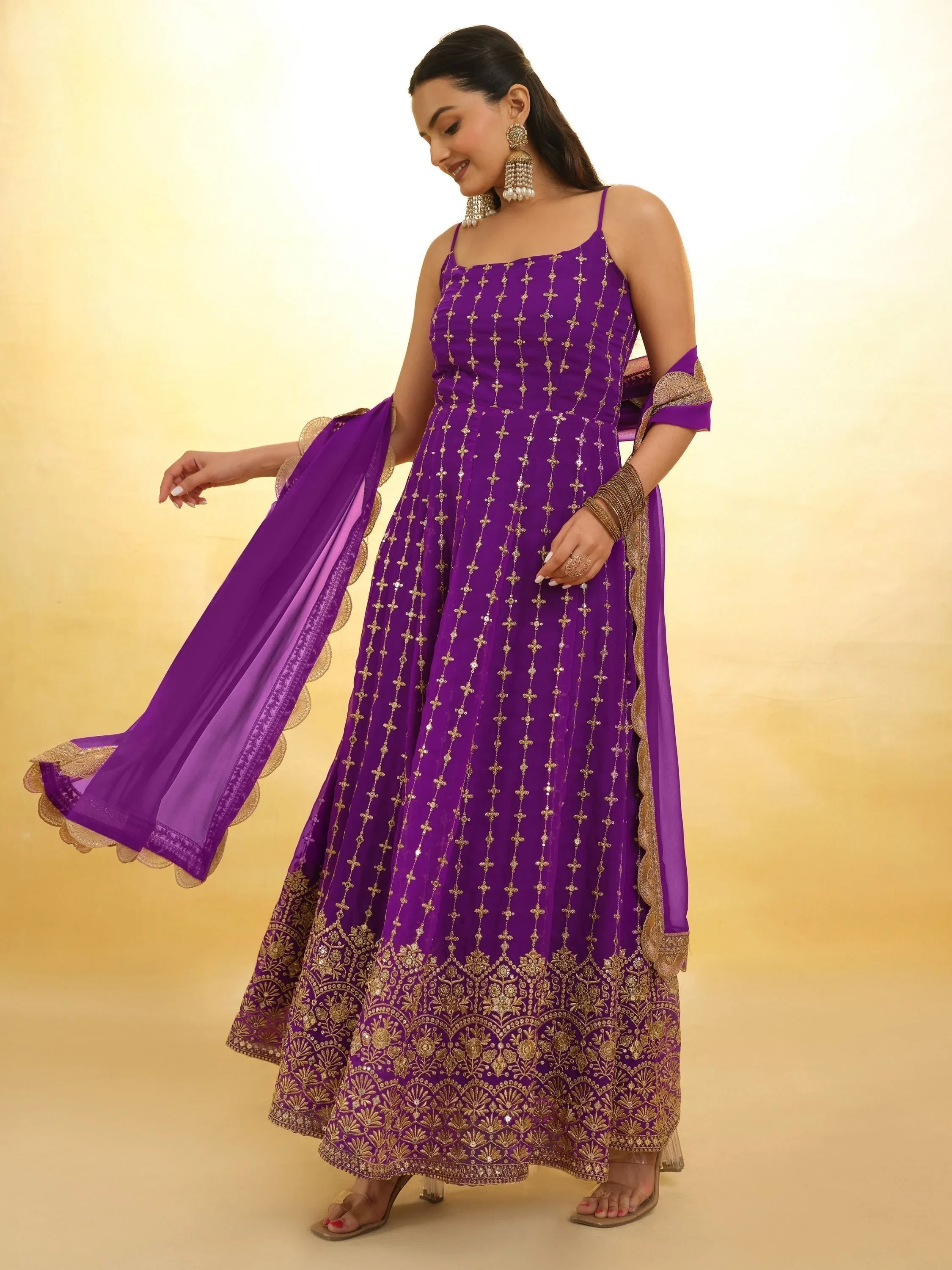 Purple Glamorous Embroidered Georgette Mehendi Wear Sharara Suit for Women