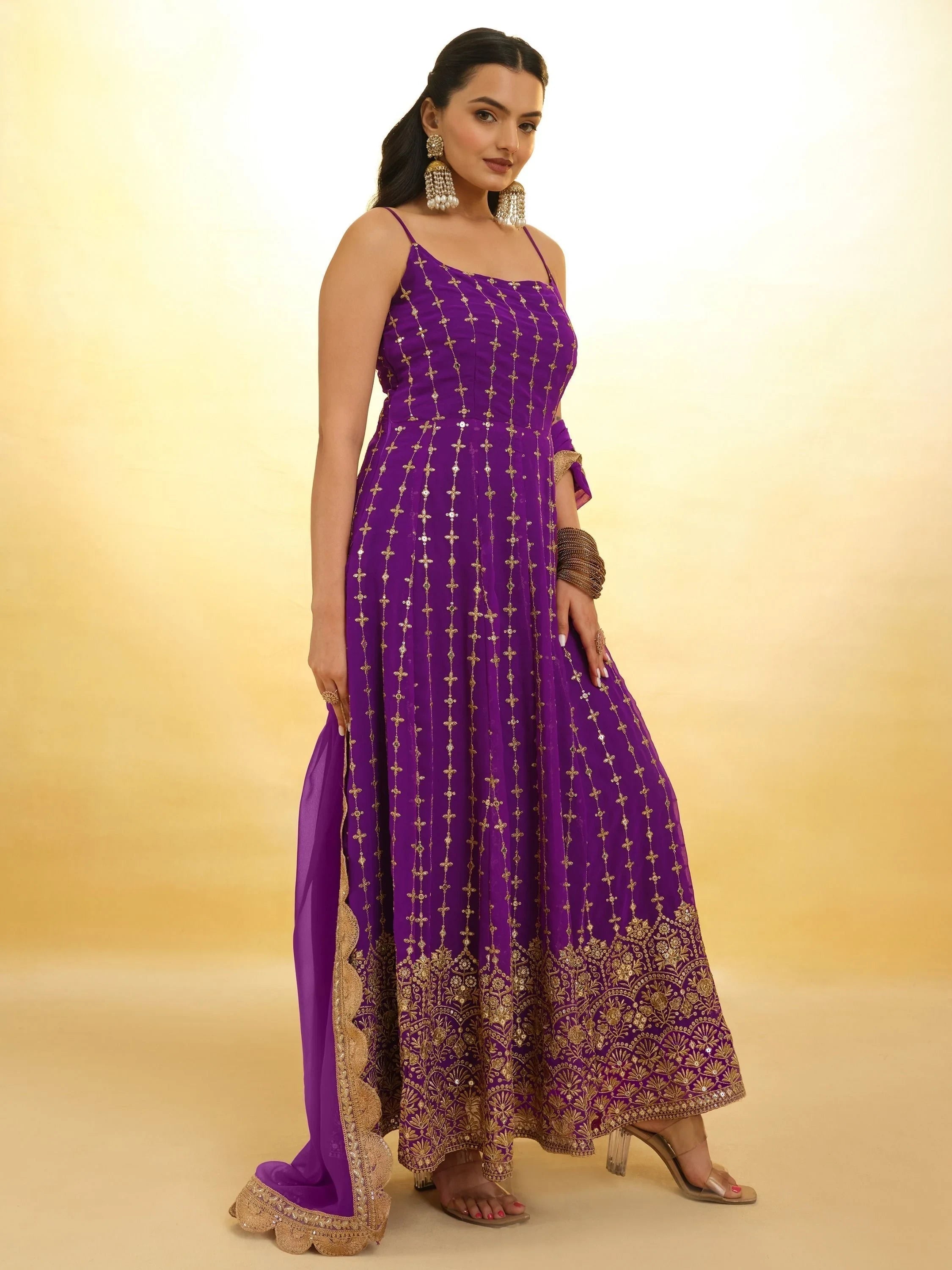 Purple Glamorous Embroidered Georgette Mehendi Wear Sharara Suit for Women