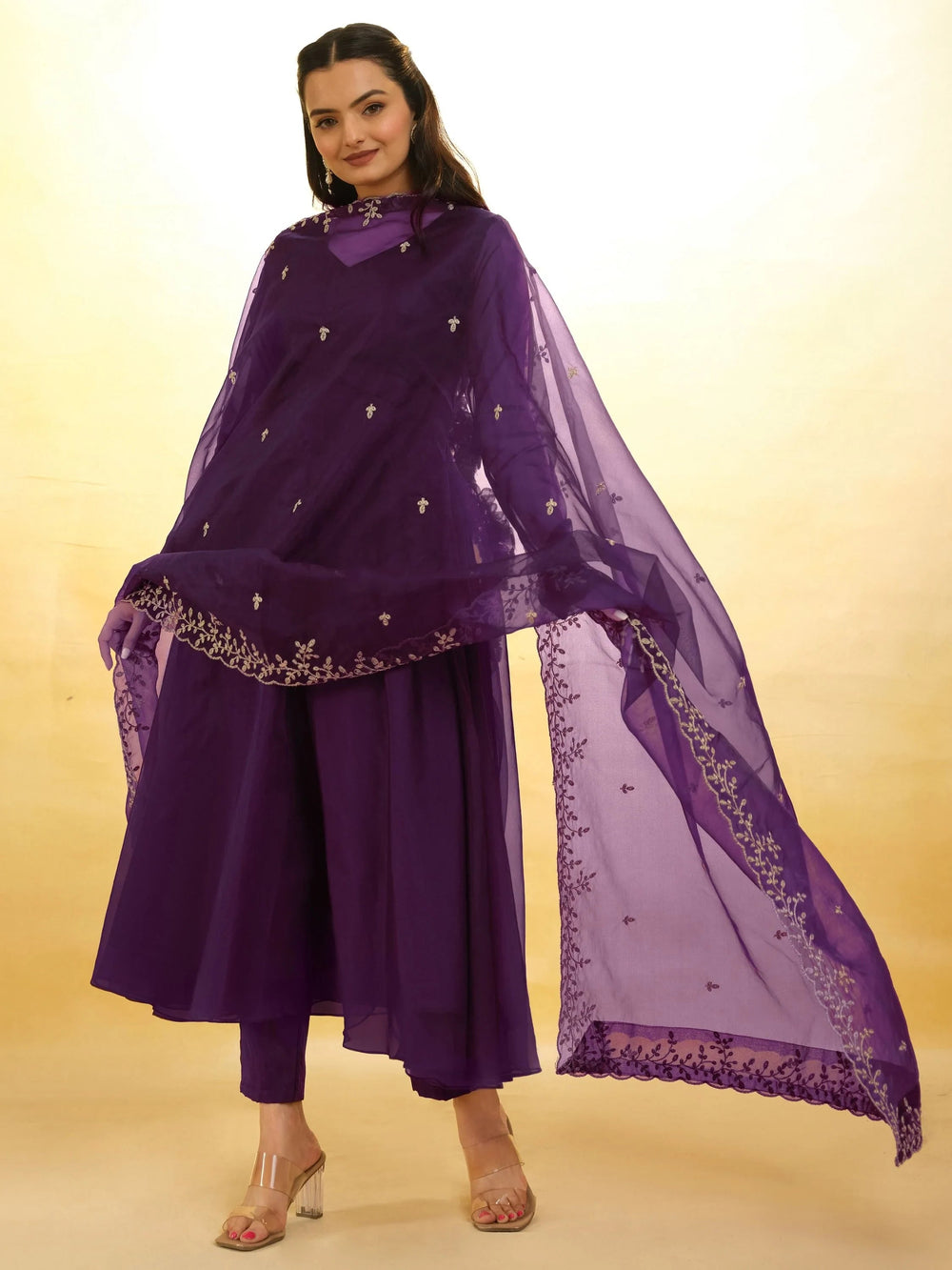 Purple Glamorous Embroidered Georgette Mehendi Wear Sharara Suit for Women