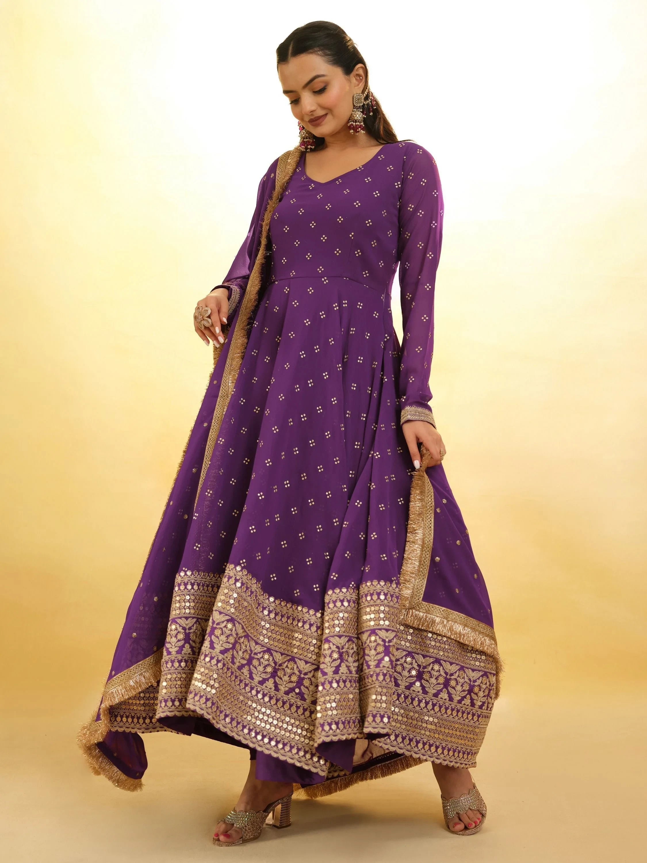 Purple Glamorous Embroidered Georgette Mehendi Wear Sharara Suit for Women