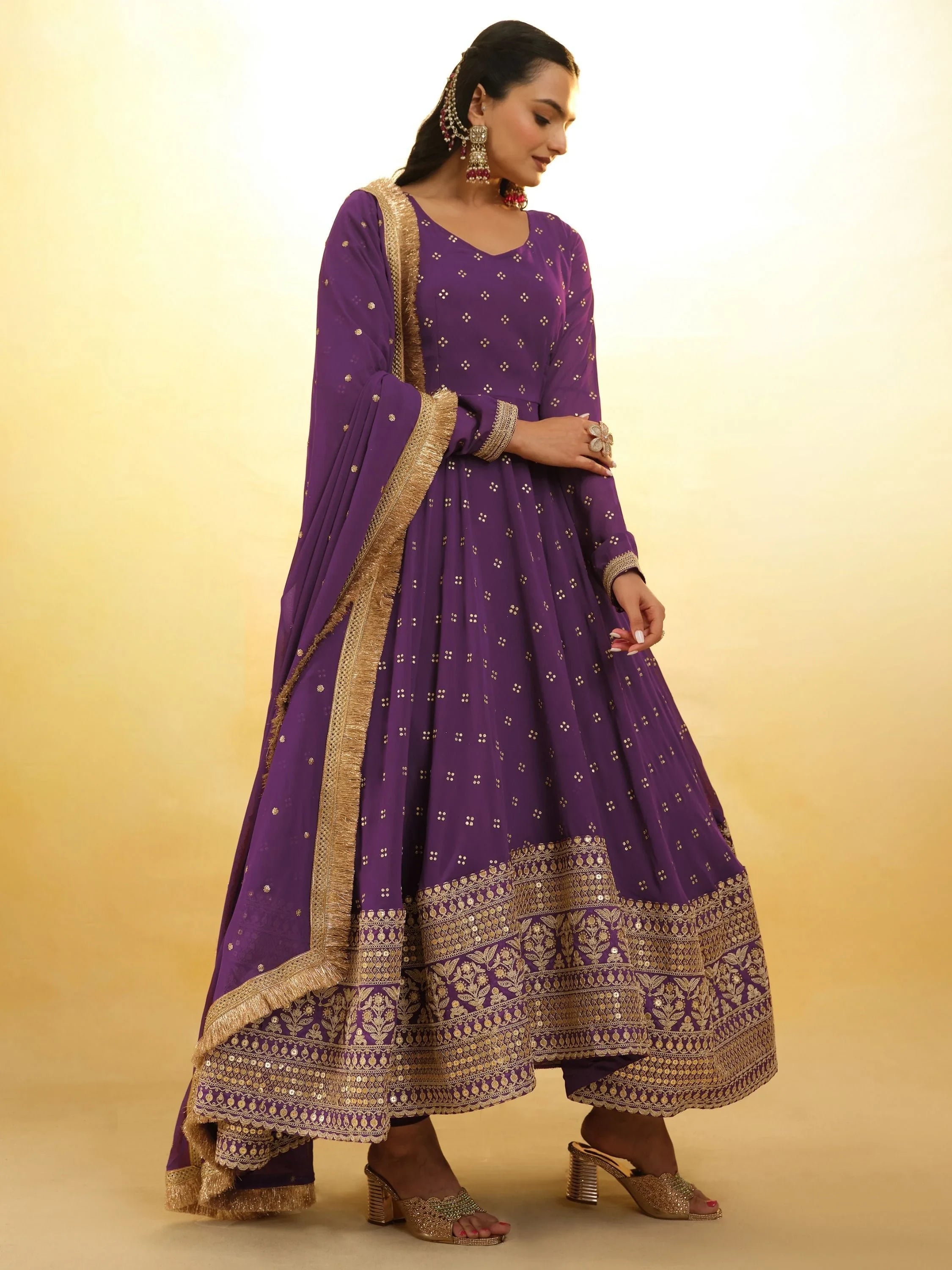 Purple Glamorous Embroidered Georgette Mehendi Wear Sharara Suit for Women