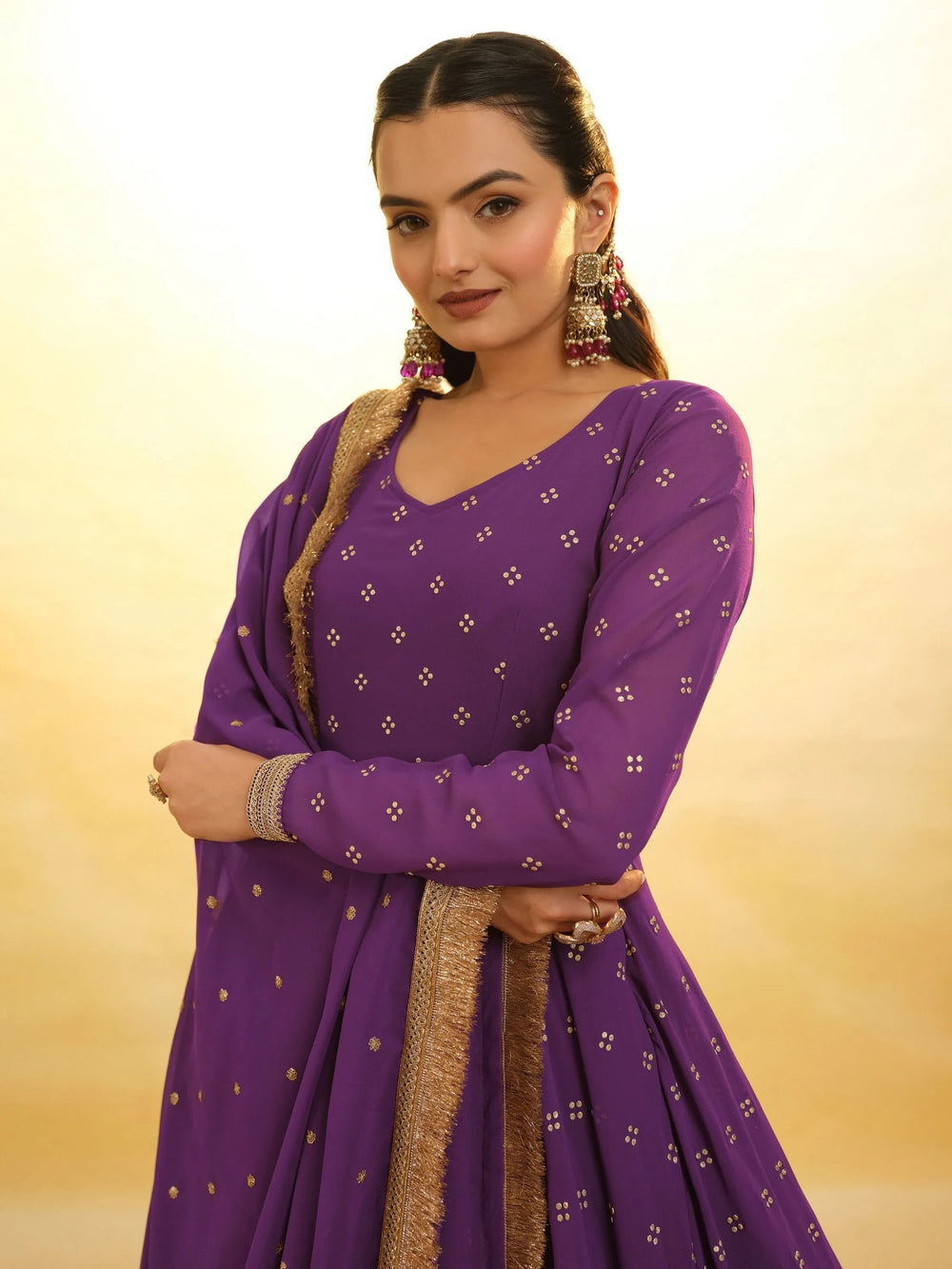 Purple Glamorous Embroidered Georgette Mehendi Wear Sharara Suit for Women