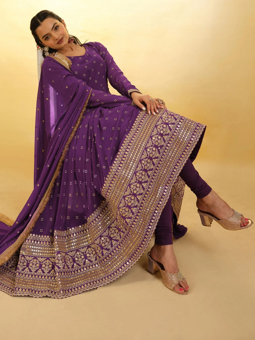 Purple Glamorous Embroidered Georgette Mehendi Wear Sharara Suit for Women