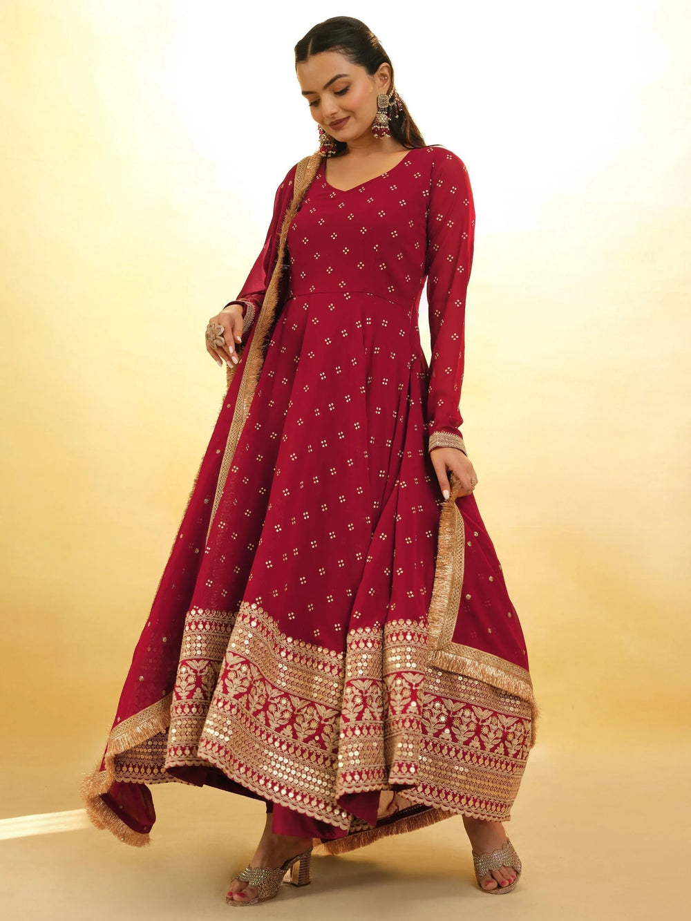 Red Glamorous Embroidered Georgette Mehendi Wear Sharara Suit for Women