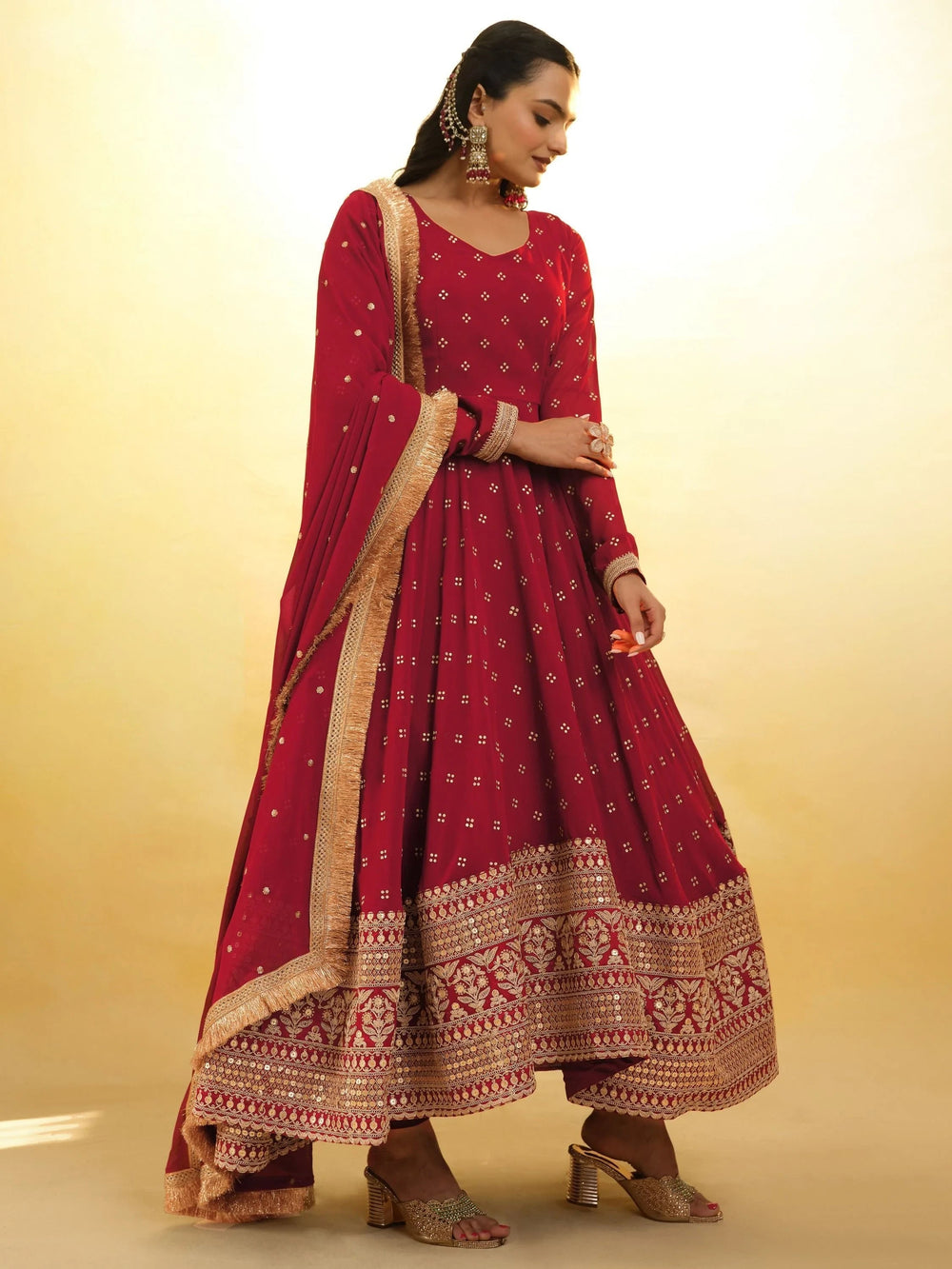 Red Glamorous Embroidered Georgette Mehendi Wear Sharara Suit for Women