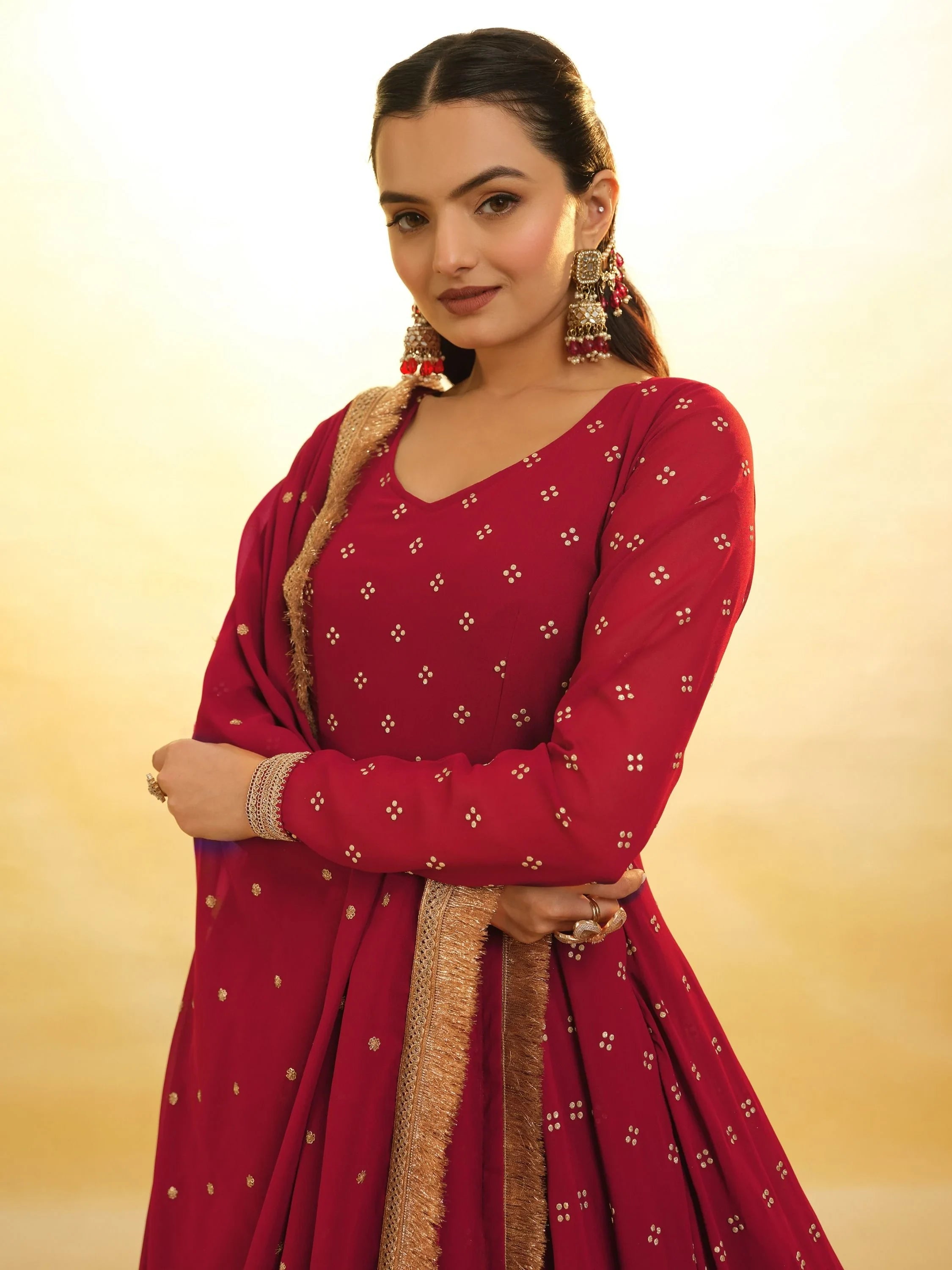 Red Glamorous Embroidered Georgette Mehendi Wear Sharara Suit for Women