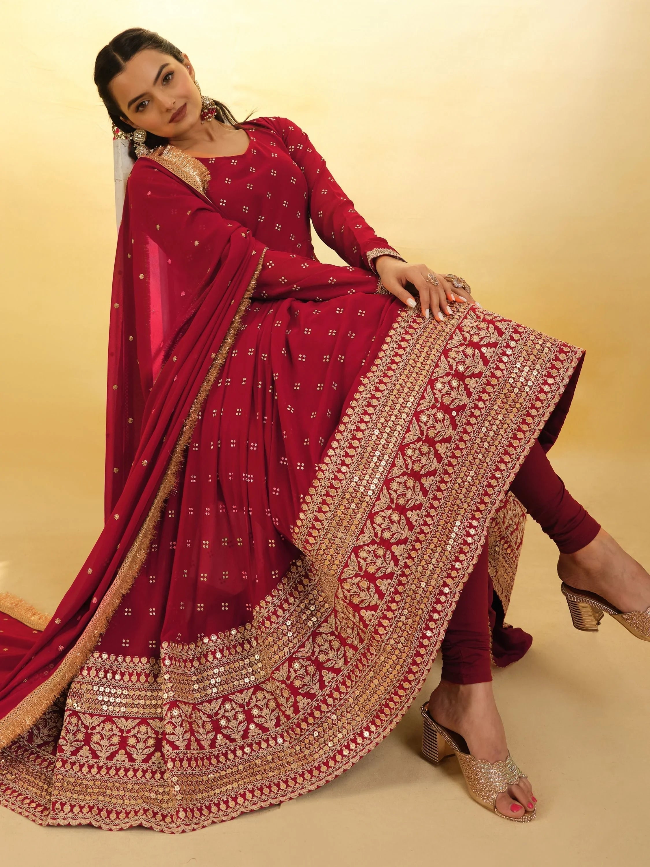 Red Glamorous Embroidered Georgette Mehendi Wear Sharara Suit for Women