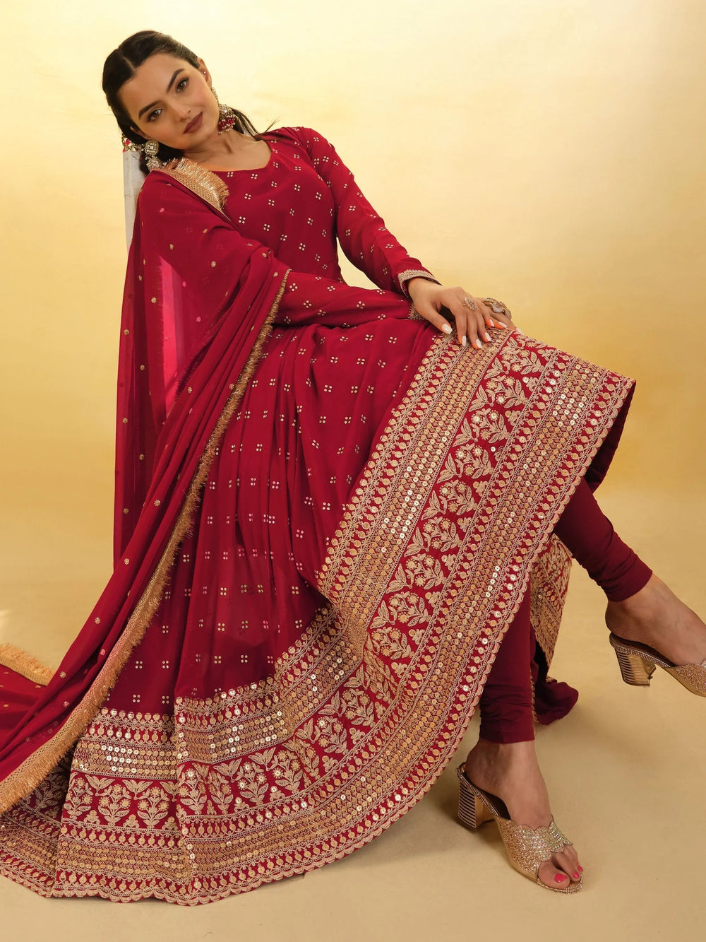 Red Glamorous Embroidered Georgette Mehendi Wear Sharara Suit for Women