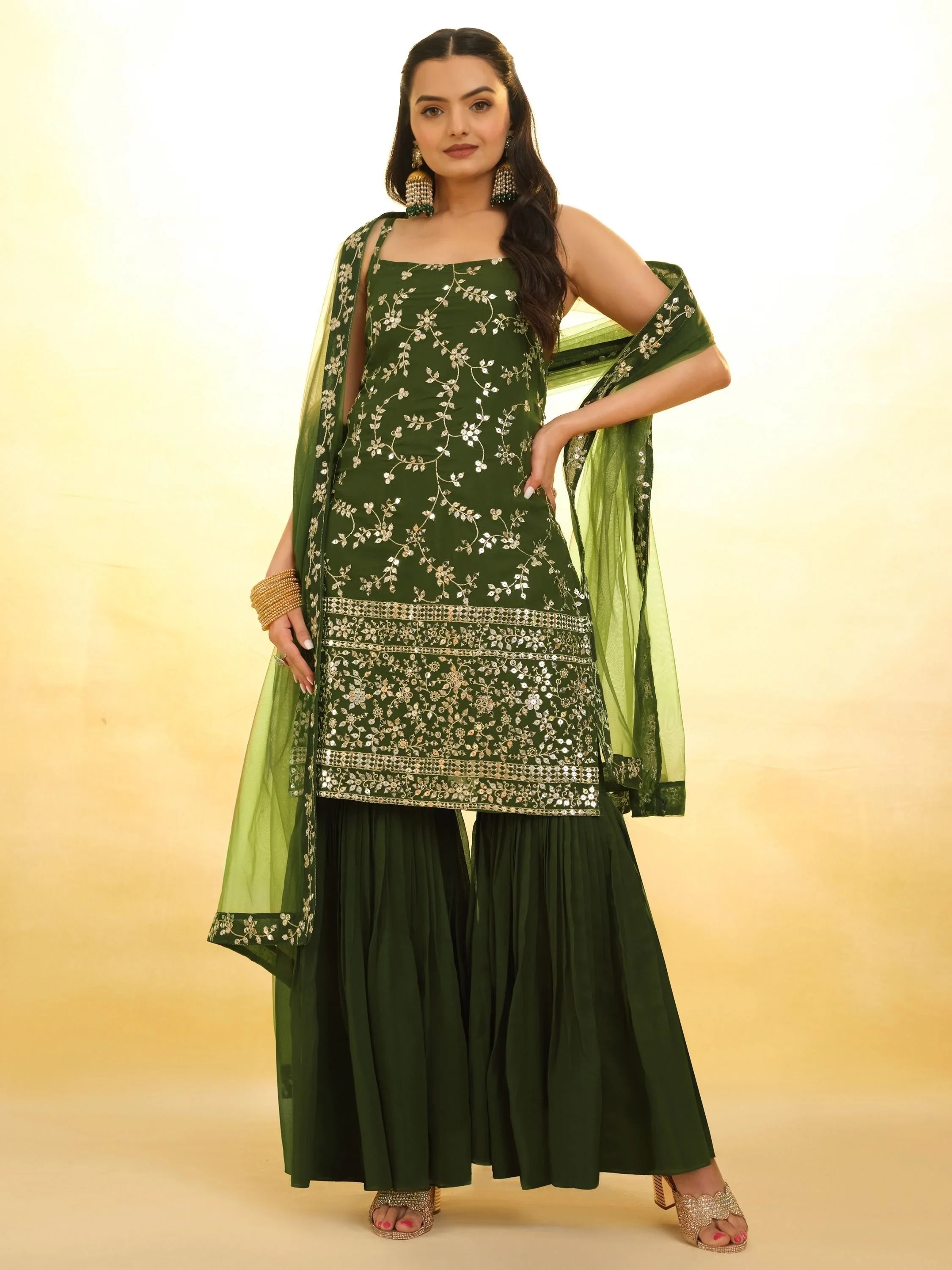 Green Glamorous Embroidered Georgette Mehendi Wear Sharara Suit for Women