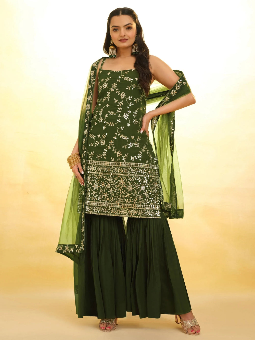 Green Glamorous Embroidered Georgette Mehendi Wear Sharara Suit for Women