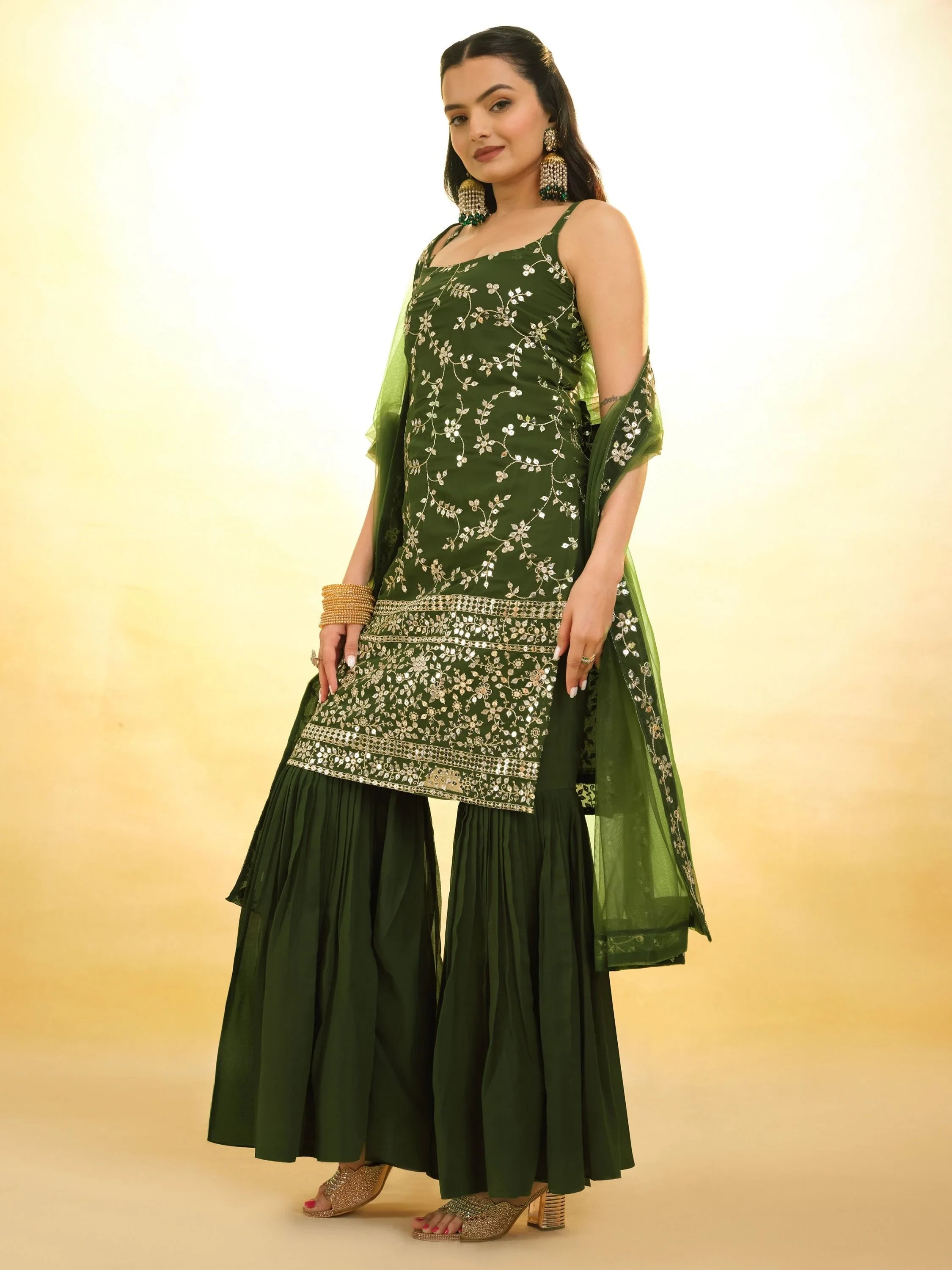 Green Glamorous Embroidered Georgette Mehendi Wear Sharara Suit for Women