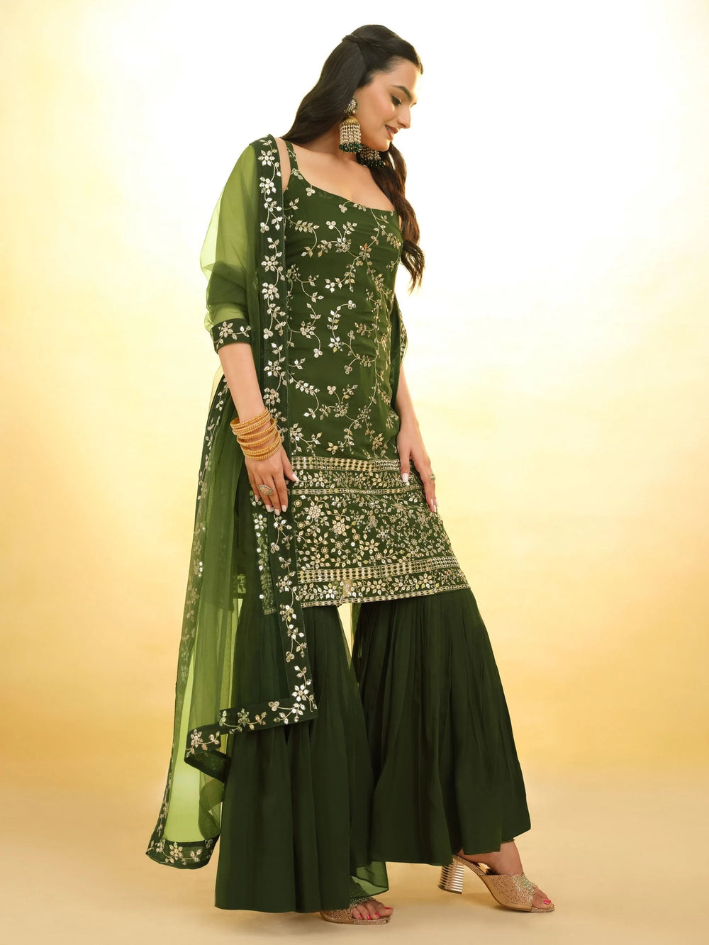 Green Glamorous Embroidered Georgette Mehendi Wear Sharara Suit for Women