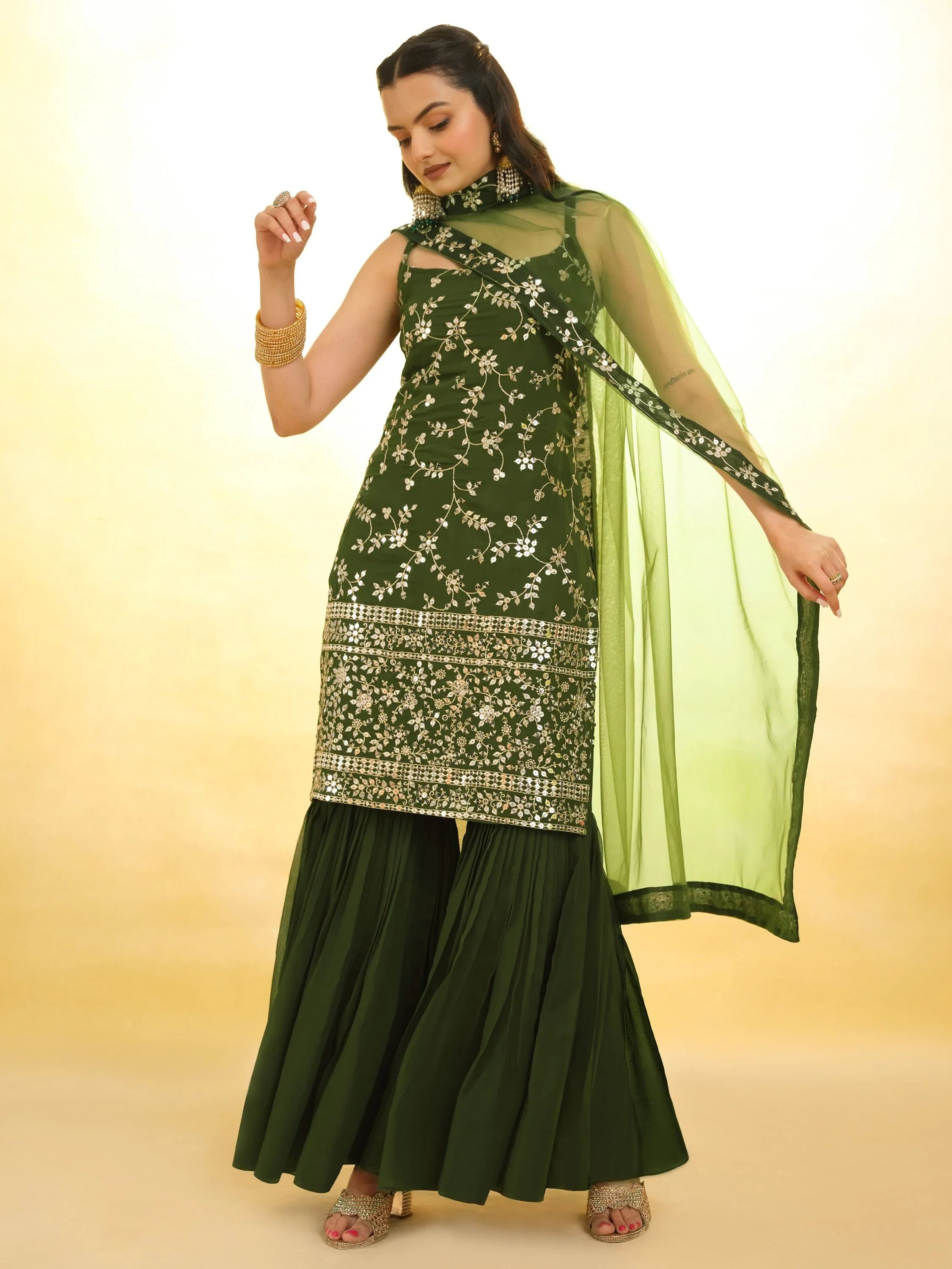 Green Glamorous Embroidered Georgette Mehendi Wear Sharara Suit for Women