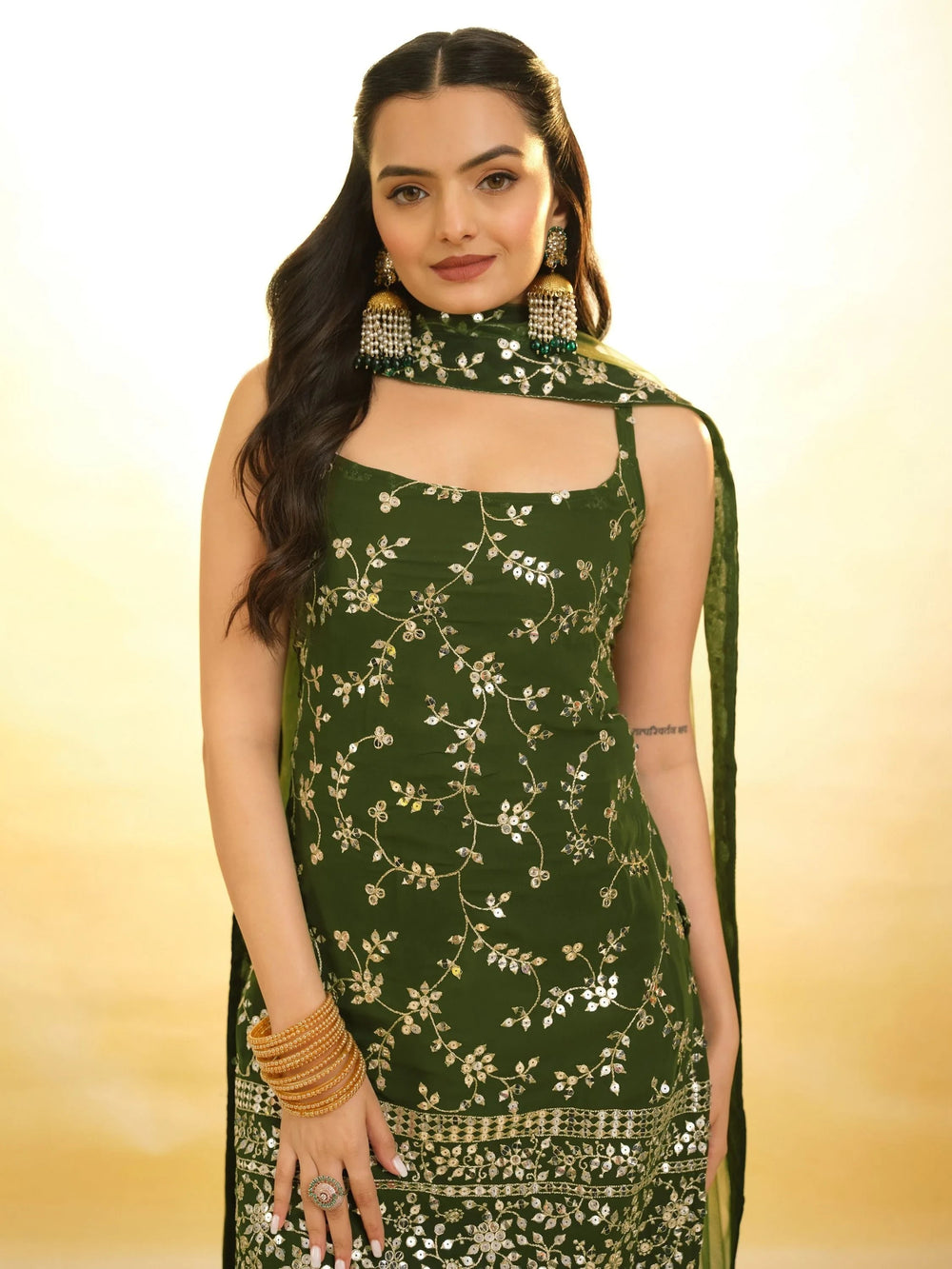 Green Glamorous Embroidered Georgette Mehendi Wear Sharara Suit for Women
