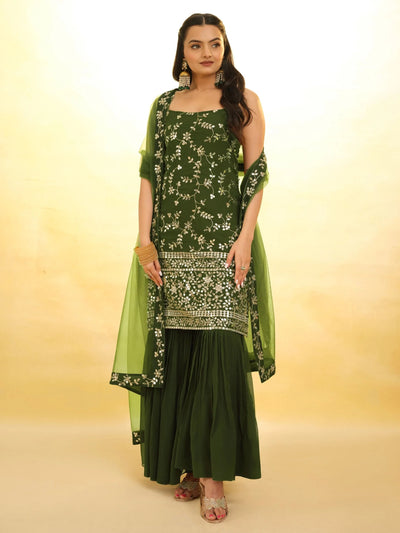Green Glamorous Embroidered Georgette Mehendi Wear Sharara Suit for Women