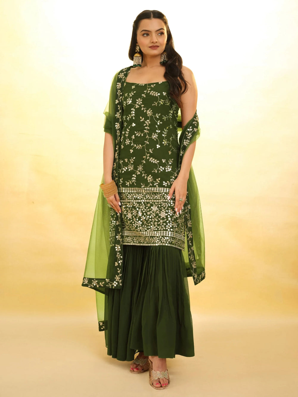 Green Glamorous Embroidered Georgette Mehendi Wear Sharara Suit for Women