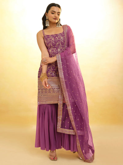 Purple Glamorous Embroidered Georgette Mehendi Wear Sharara Suit for Women