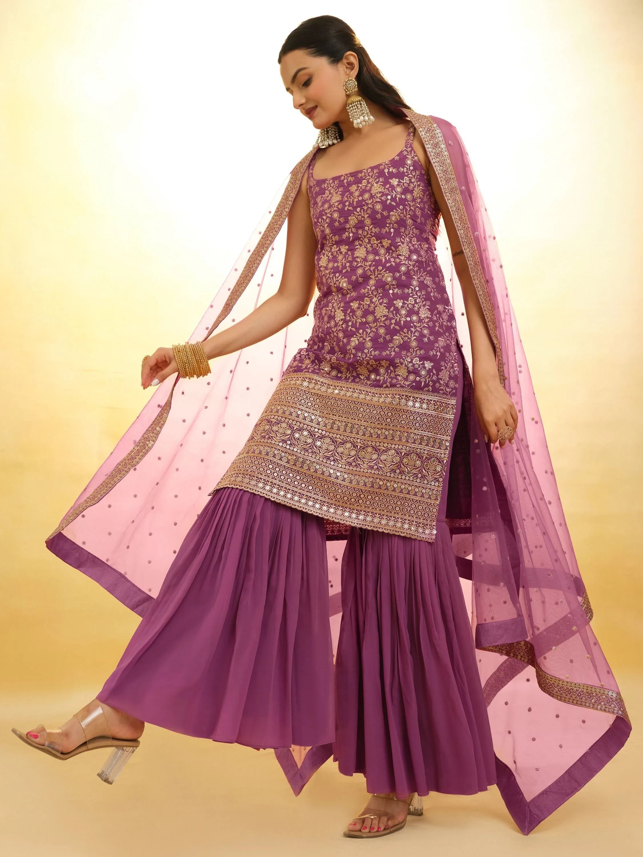 Purple Glamorous Embroidered Georgette Mehendi Wear Sharara Suit for Women