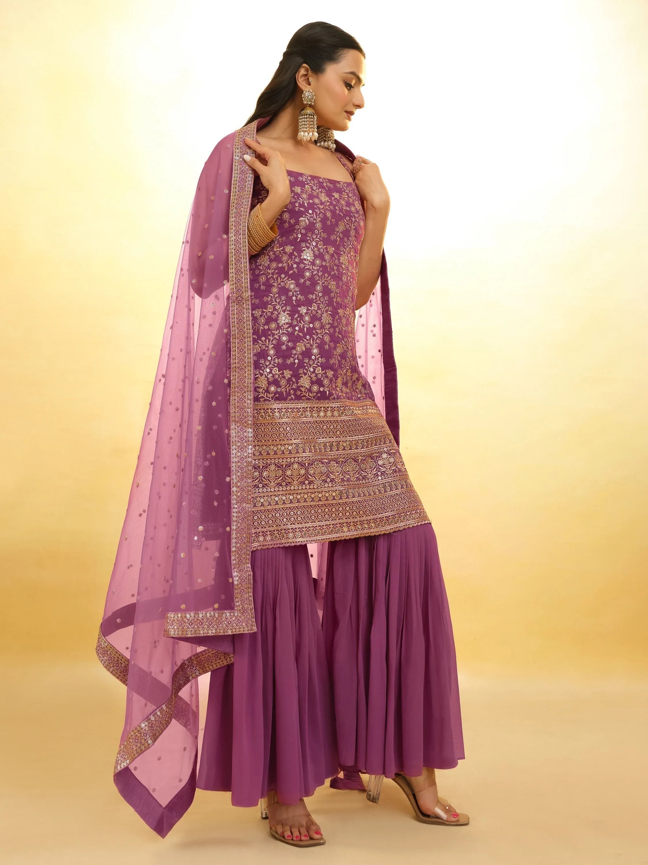 Purple Glamorous Embroidered Georgette Mehendi Wear Sharara Suit for Women