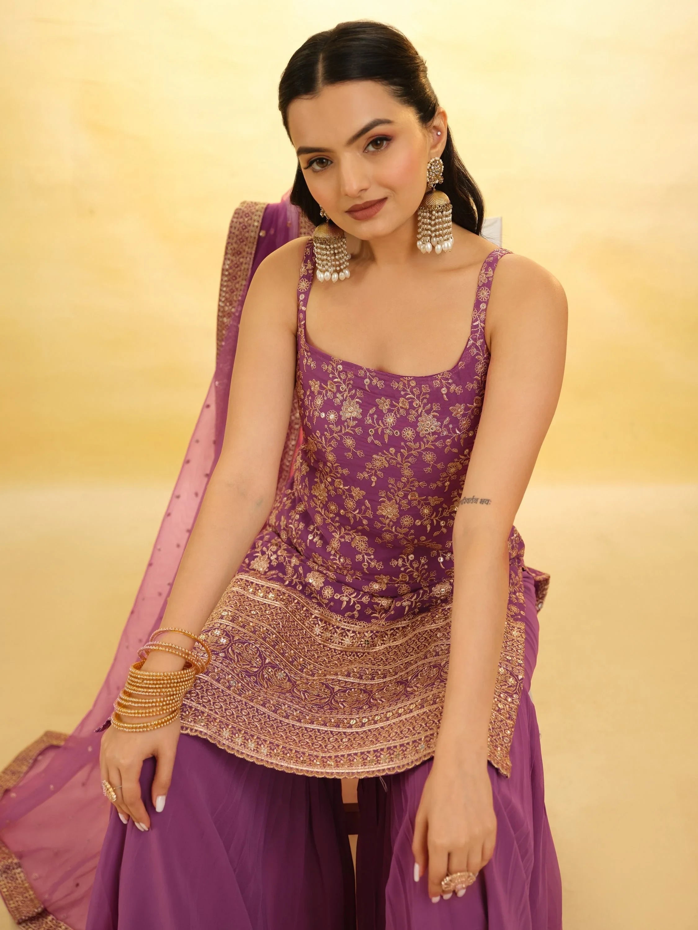 Purple Glamorous Embroidered Georgette Mehendi Wear Sharara Suit for Women