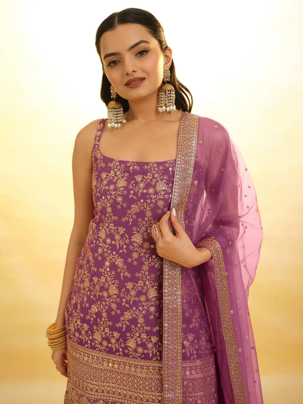 Purple Glamorous Embroidered Georgette Mehendi Wear Sharara Suit for Women