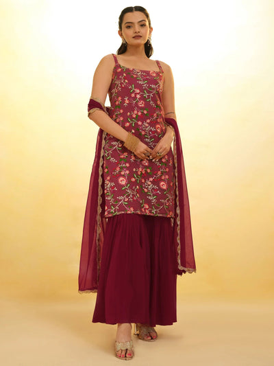 Maroon Glamorous Embroidered Georgette Mehendi Wear Sharara Suit for Women