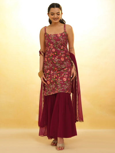Maroon Glamorous Embroidered Georgette Mehendi Wear Sharara Suit for Women