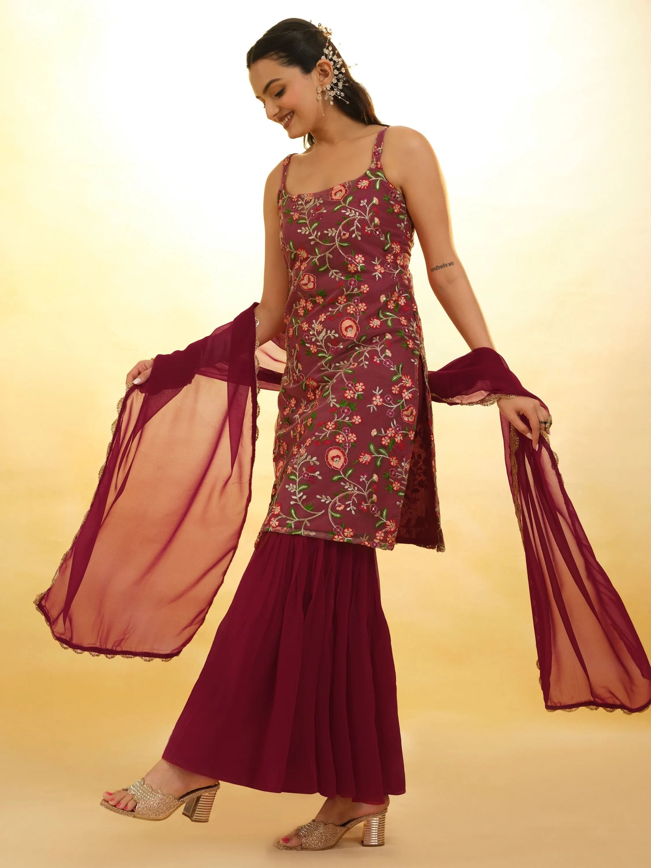 Maroon Glamorous Embroidered Georgette Mehendi Wear Sharara Suit for Women