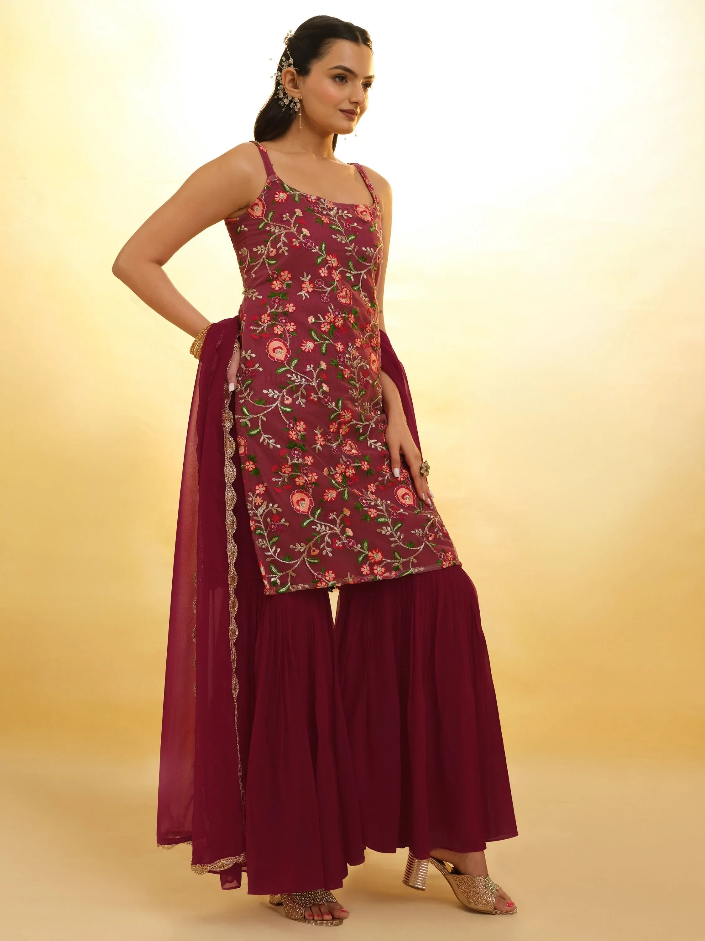 Maroon Glamorous Embroidered Georgette Mehendi Wear Sharara Suit for Women