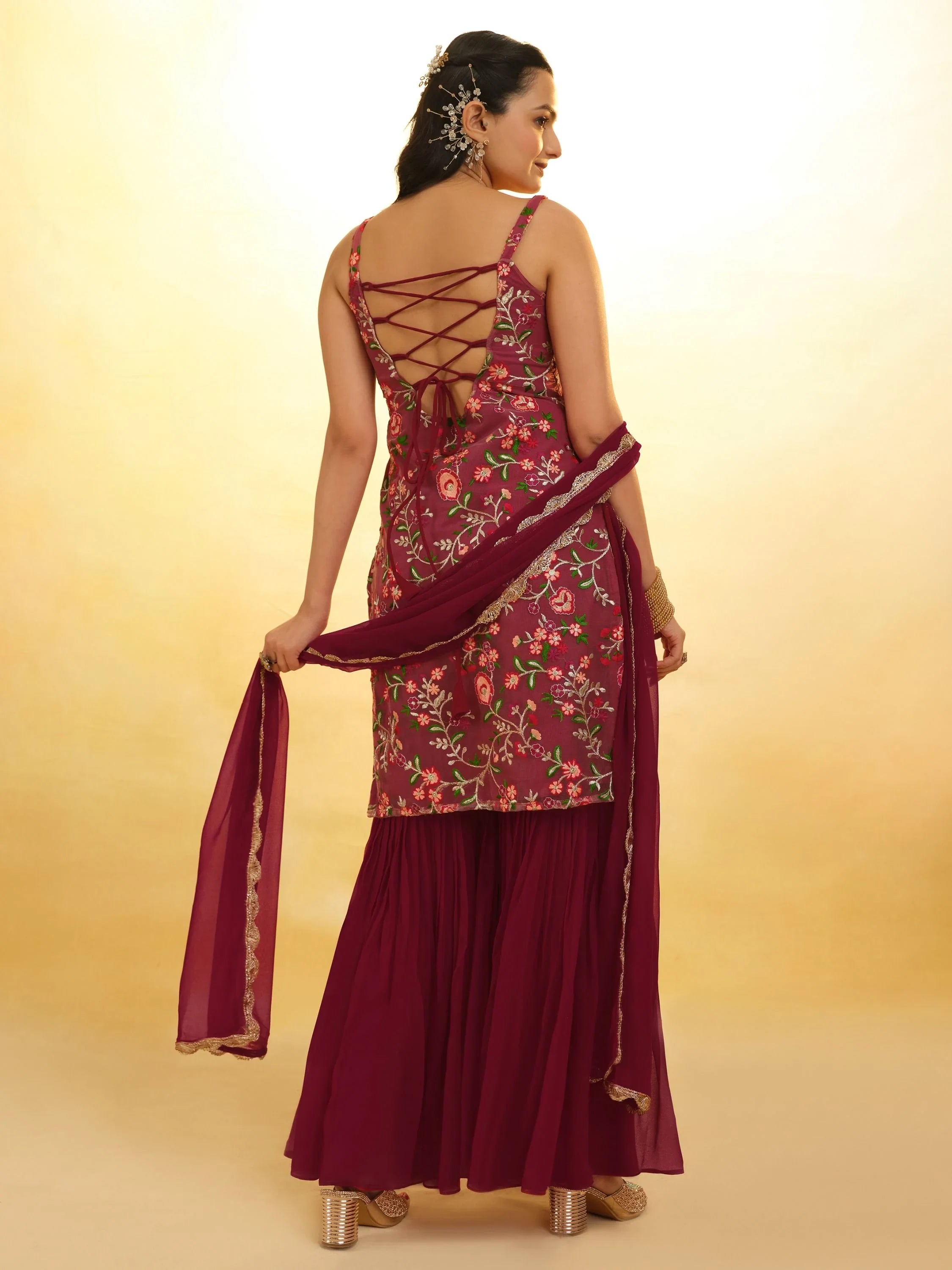 Maroon Glamorous Embroidered Georgette Mehendi Wear Sharara Suit for Women