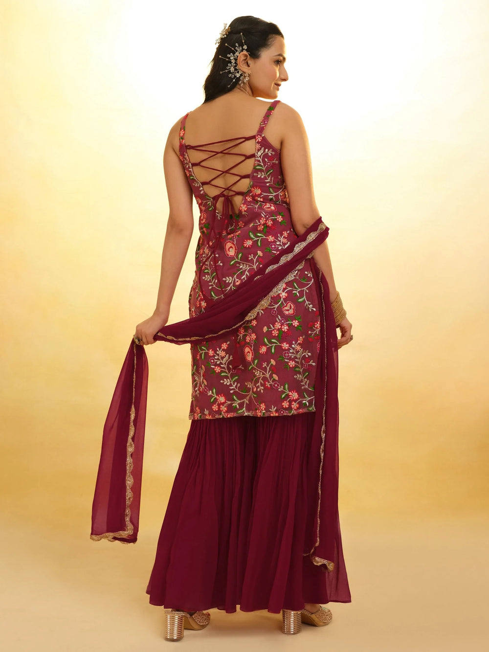 Maroon Glamorous Embroidered Georgette Mehendi Wear Sharara Suit for Women